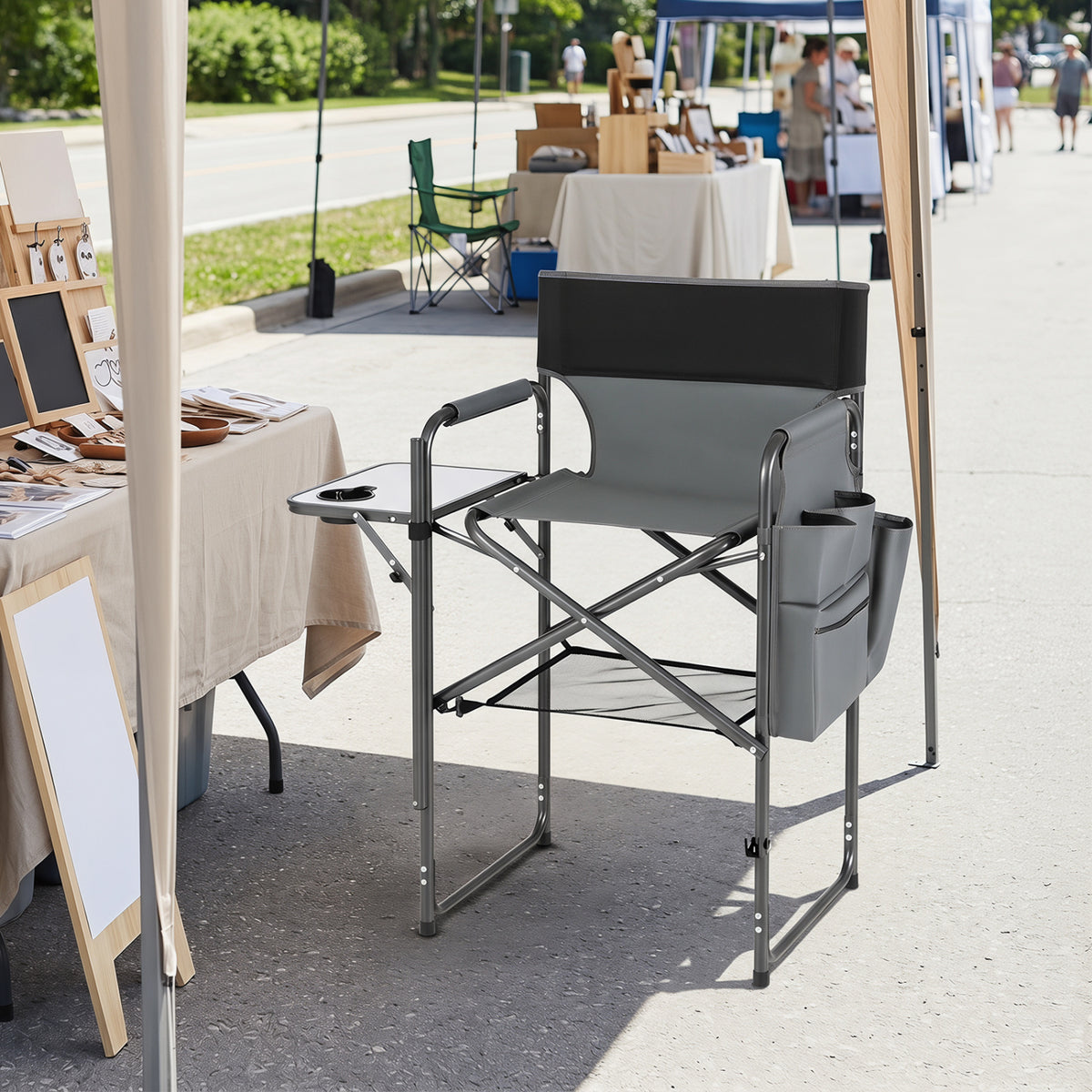 Folding Tall Director Chair 26 Inch Seat Height Portable Camping Chair with Side Table-Gray