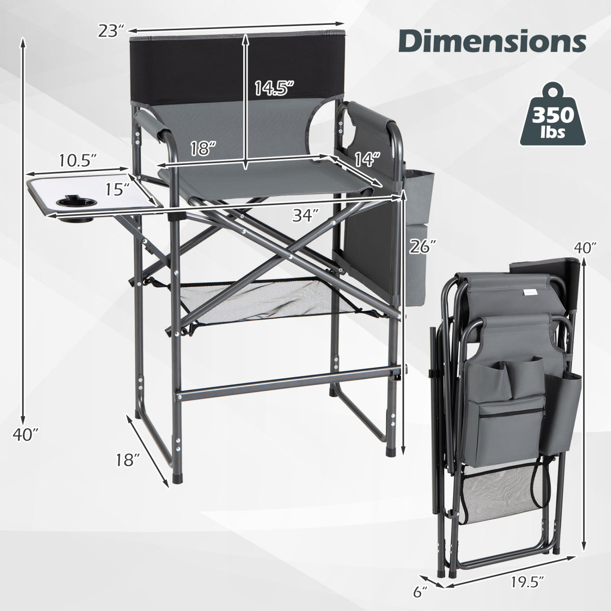 Folding Tall Director Chair 26 Inch Seat Height Portable Camping Chair with Side Table-Gray