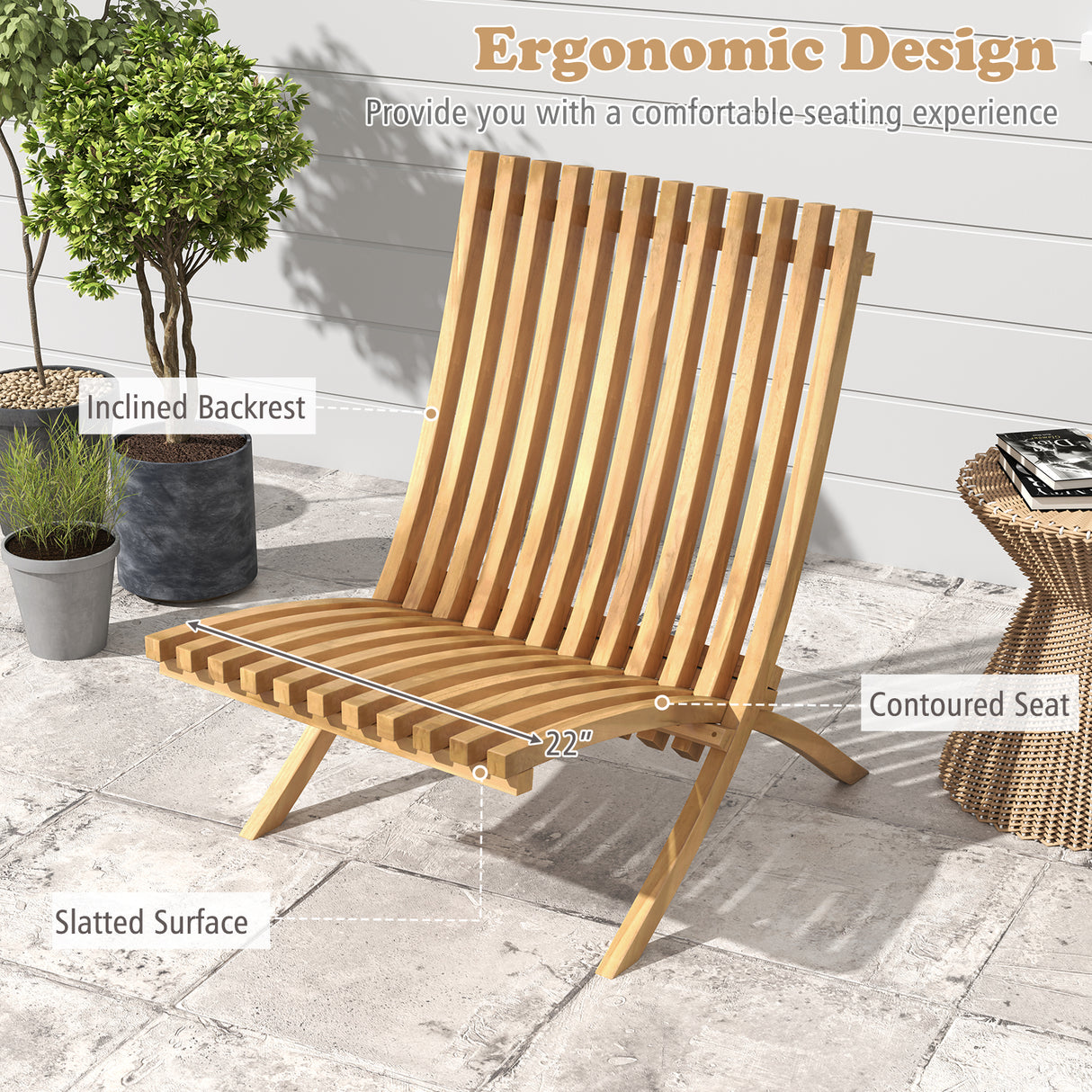 Folding Teak Wood Outdoor Lounge Chair with Slatted Seat and Backrest