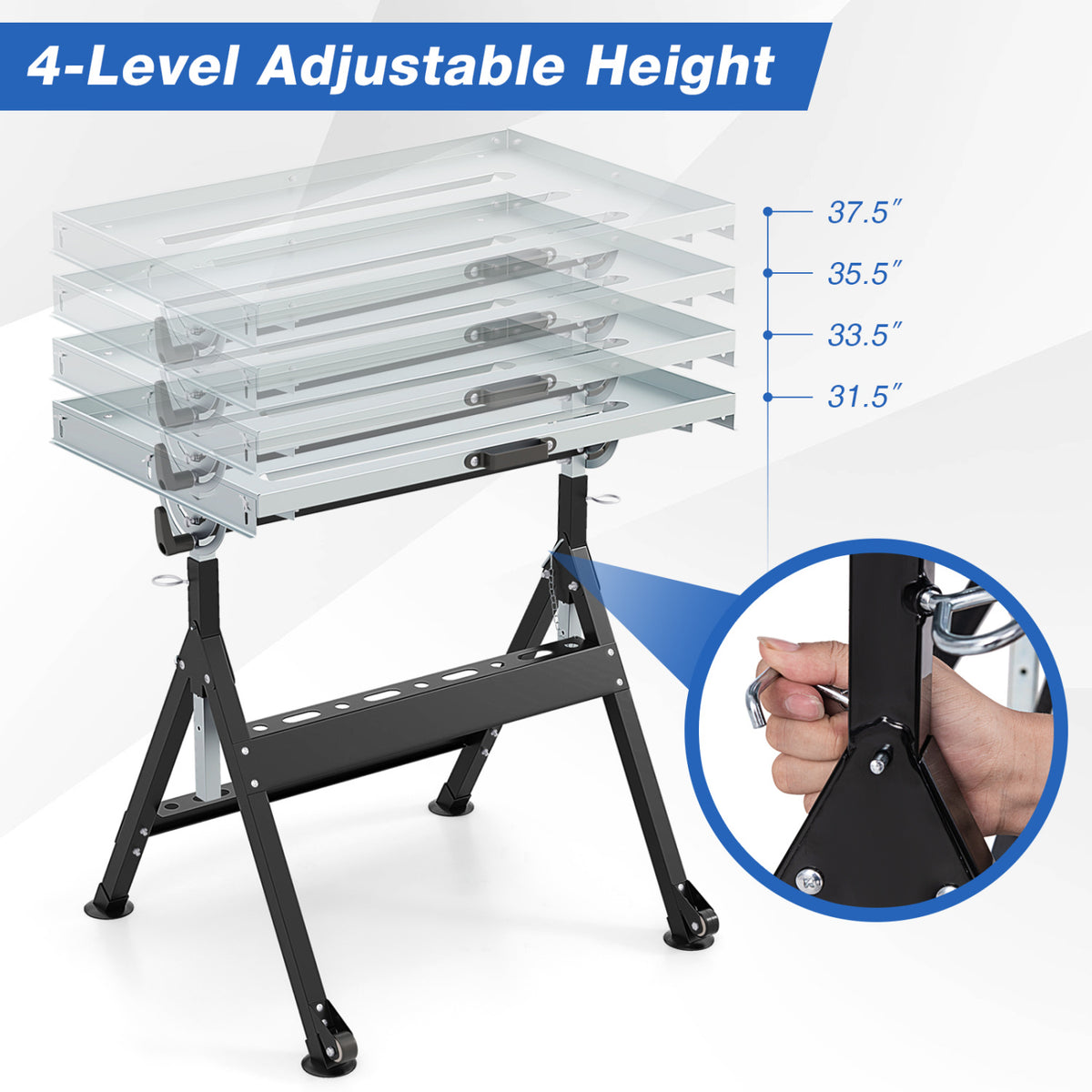 Folding Welding Table Welding Workbench with 2 Fixed Wheels 4-Level Height-Black