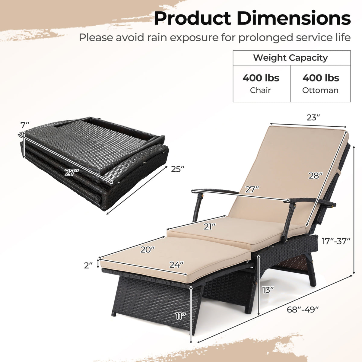 Folding Wicker Chaise Lounge with Slide-Out Ottoman11-Level Adjustable Backrest to Flat and Sun-Proof PE Rattan