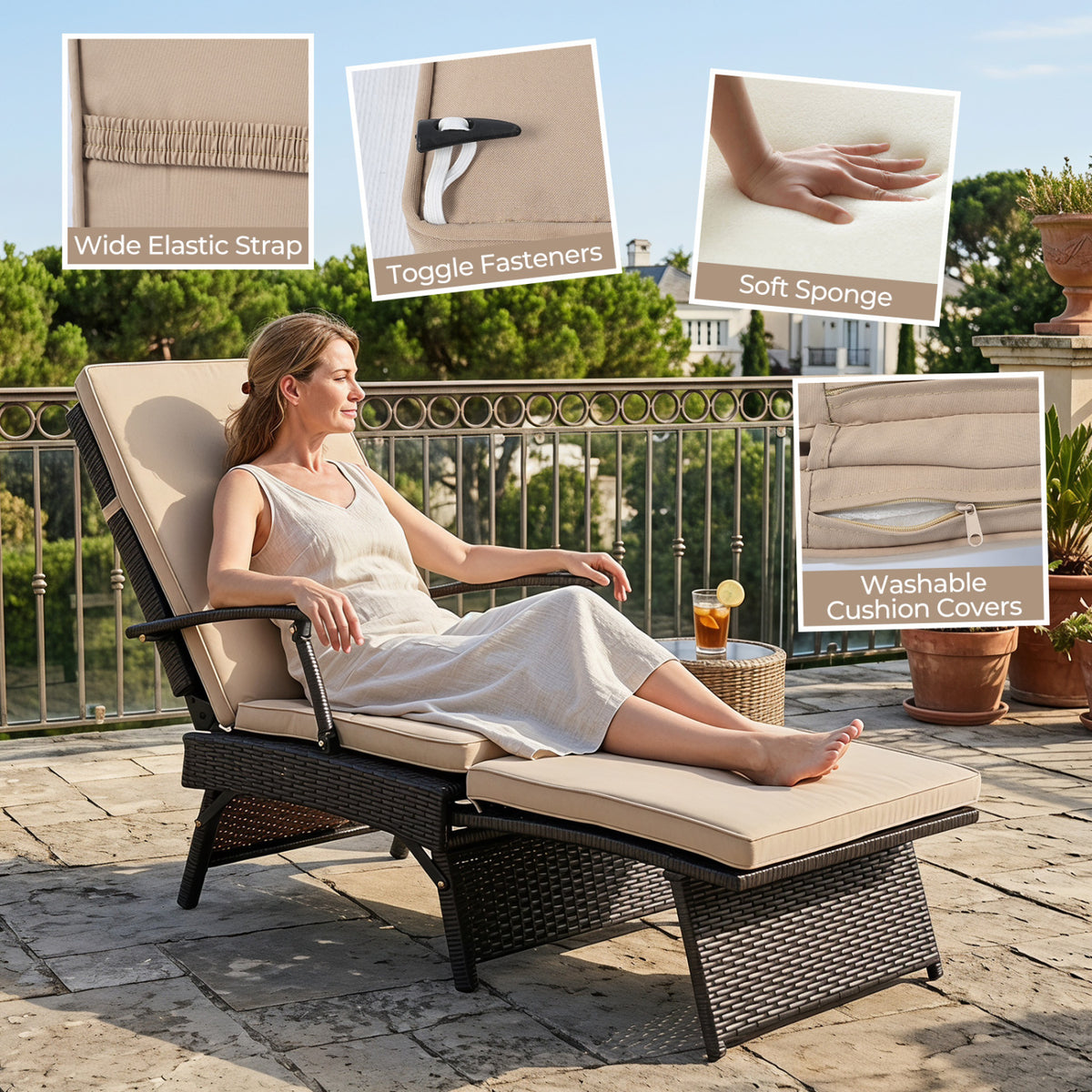 Folding Wicker Chaise Lounge with Slide-Out Ottoman11-Level Adjustable Backrest to Flat and Sun-Proof PE Rattan