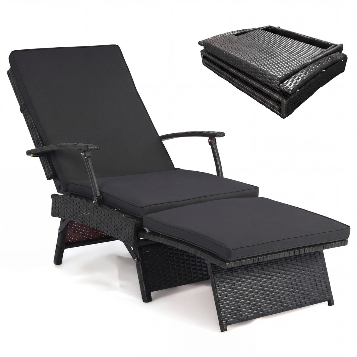 Folding Wicker Chaise Lounge with Slide-Out Ottoman11-Level Adjustable Backrest to Flat and Sun-Proof PE Rattan