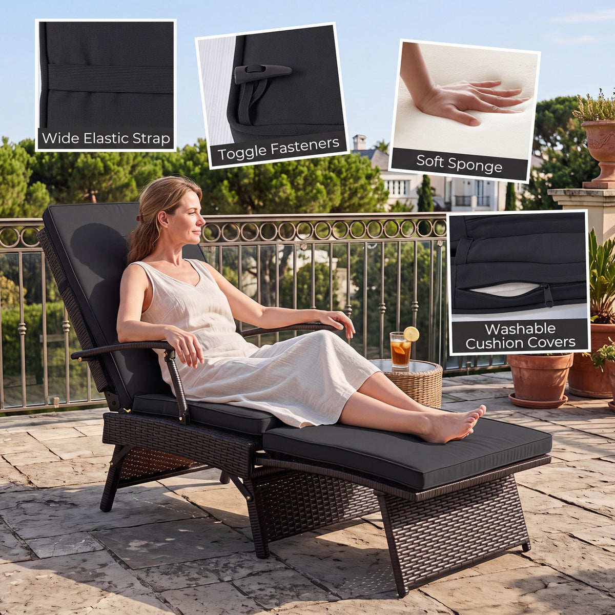 Folding Wicker Chaise Lounge with Slide-Out Ottoman11-Level Adjustable Backrest to Flat and Sun-Proof PE Rattan