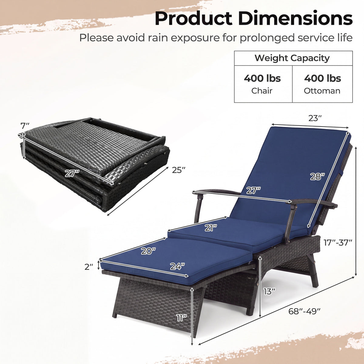Folding Wicker Chaise Lounge with Slide-Out Ottoman11-Level Adjustable Backrest to Flat and Sun-Proof PE Rattan