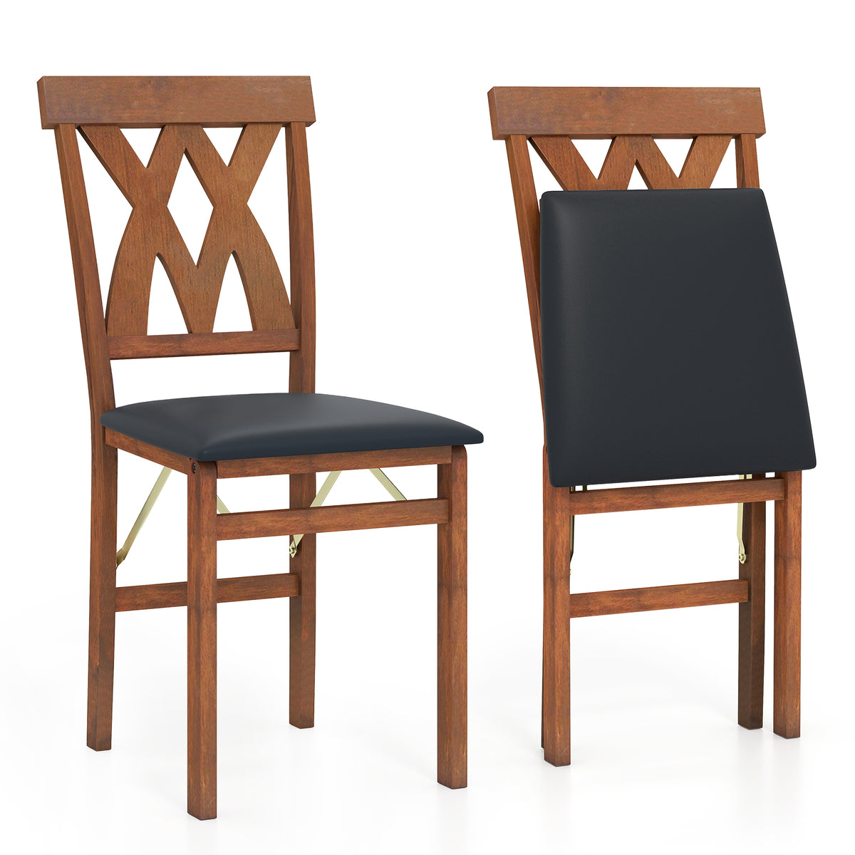 Folding Wooden Dining Chair Set of 2 Faux Leather Upholstered Kitchen Armless Chairs