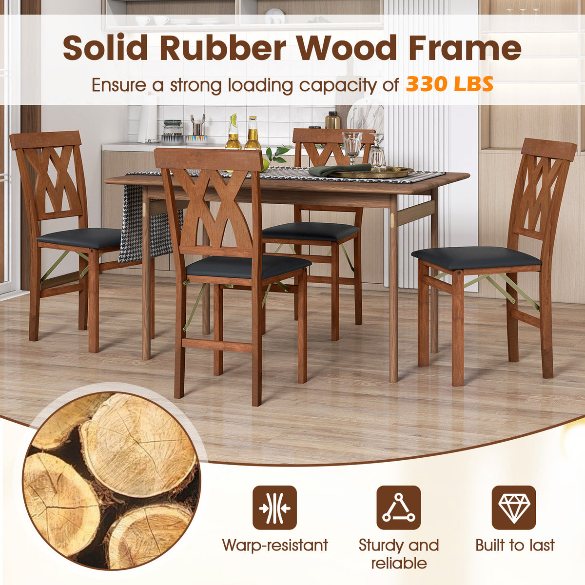 Folding Wooden Dining Chair Set of 2 Faux Leather Upholstered Kitchen Armless Chairs