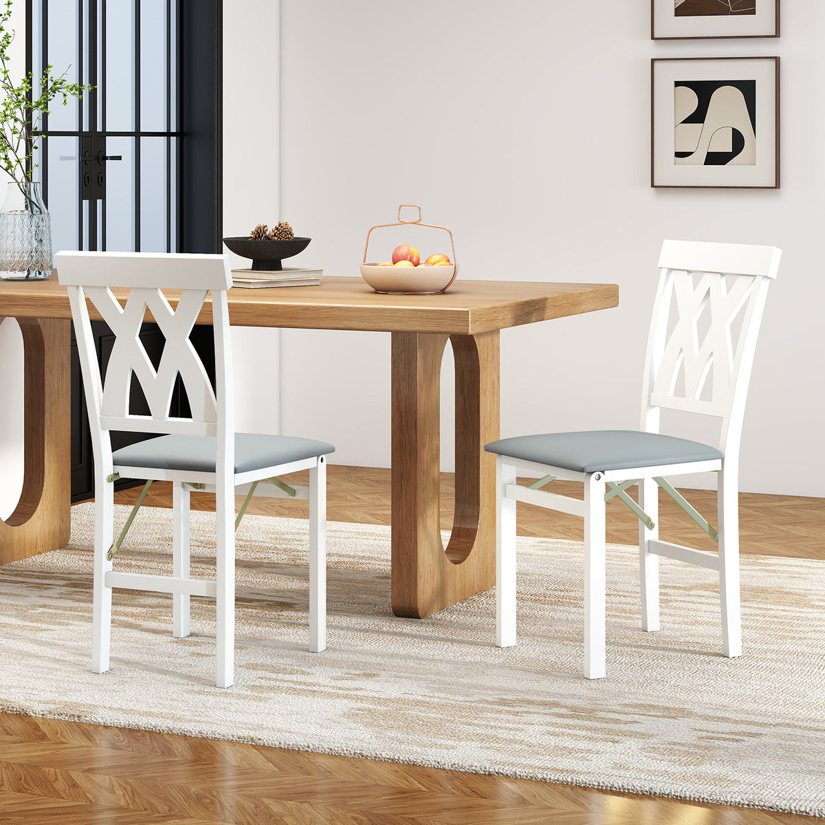 Folding Wooden Dining Chair Set of 2 Faux Leather Upholstered Kitchen Armless Chairs