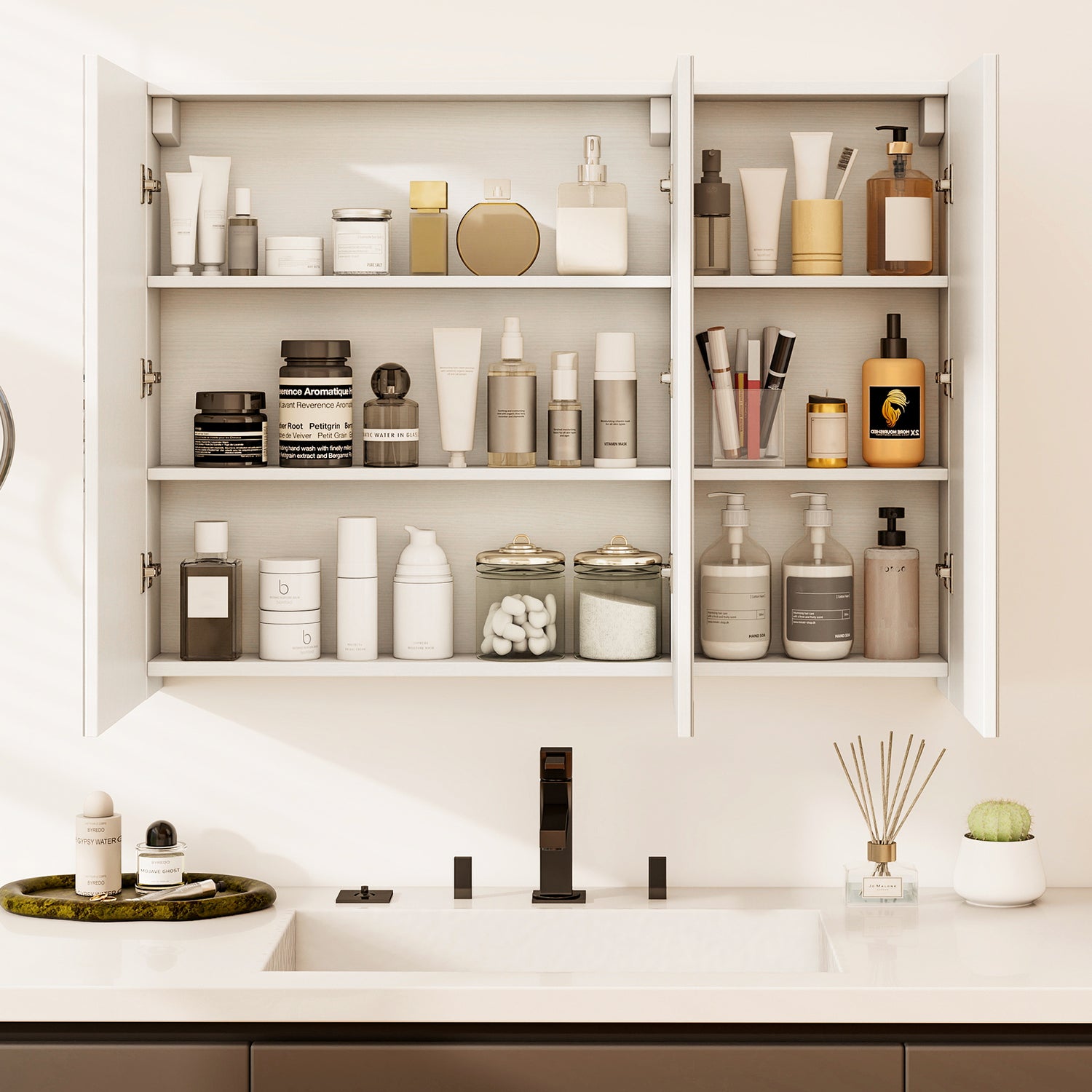 Frameless Bathroom Wall Mounted Mirror Cabinet with 3 Doors and Adjustable Shelves