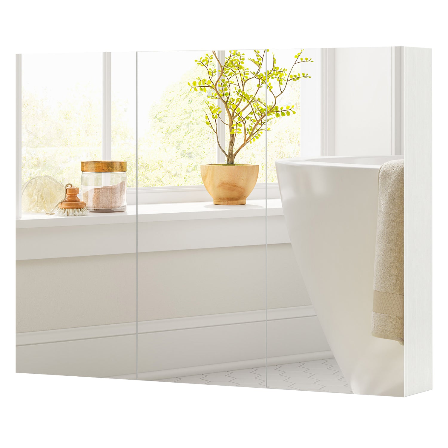 Frameless Bathroom Wall Mounted Mirror Cabinet with 3 Doors and Adjustable Shelves