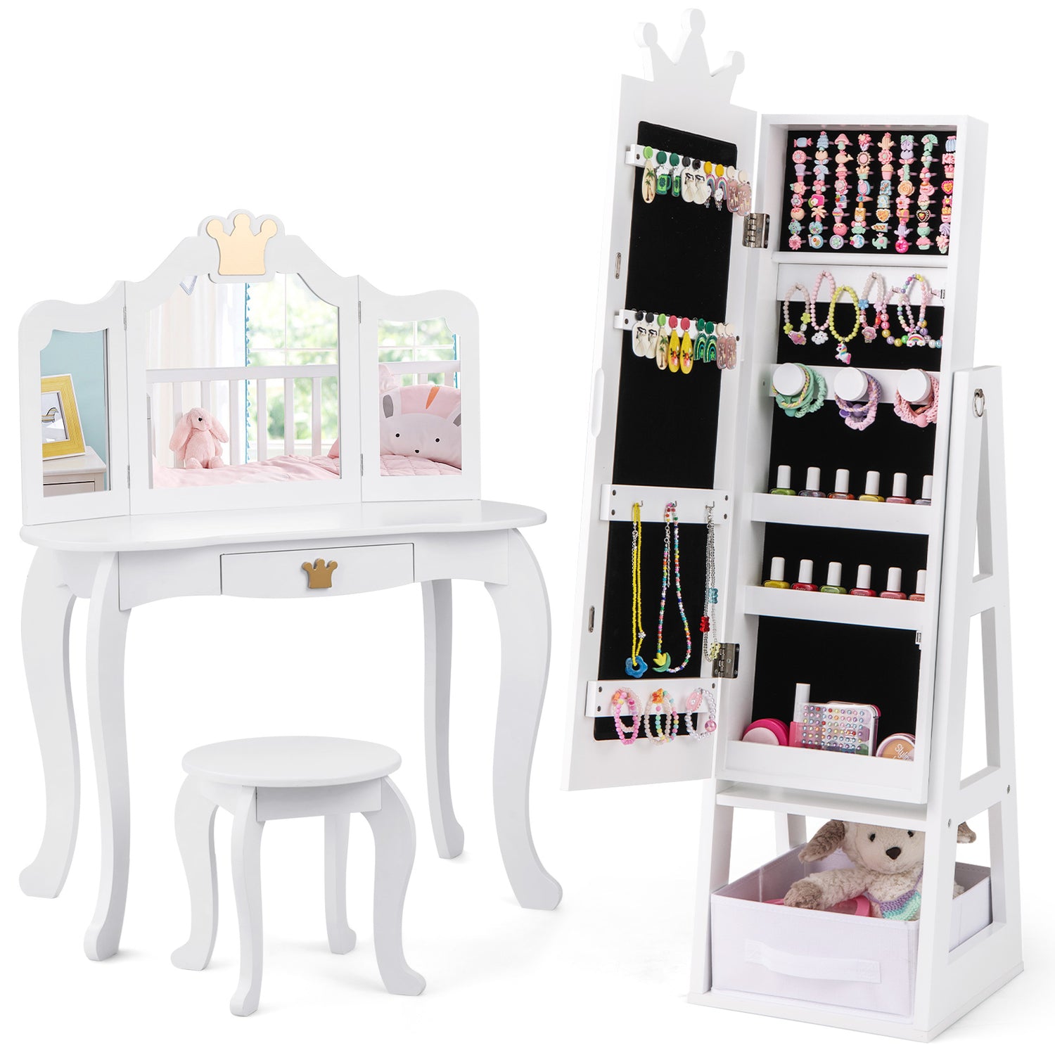 Free-Standing Full Length Kids Jewelry Armoire Cabinet with Storage Capacity