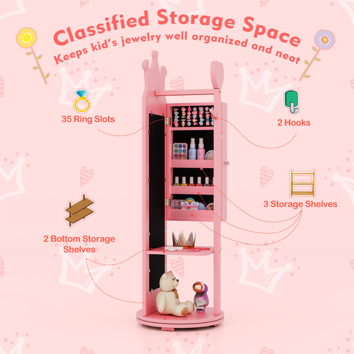 Free-Standing Full Length Mirror Kids Jewelry Armoire Cabinet