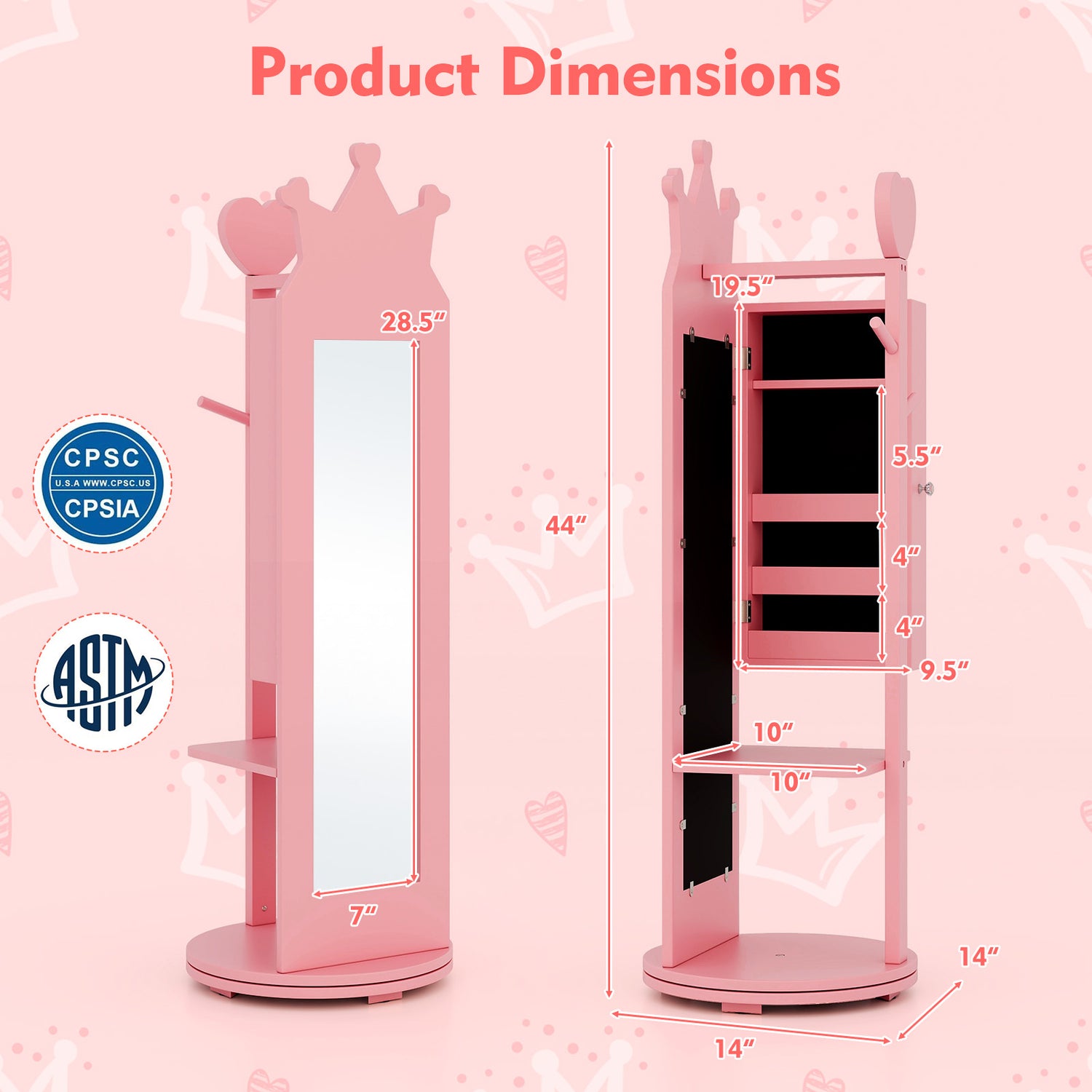 Free-Standing Full Length Mirror Kids Jewelry Armoire Cabinet