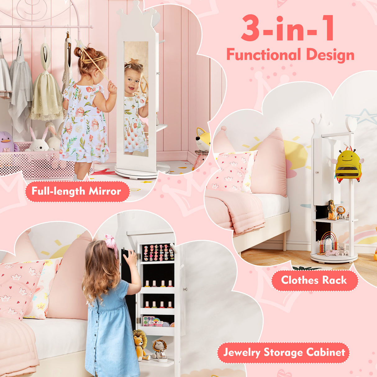 Free-Standing Full Length Mirror Kids Jewelry Armoire Cabinet
