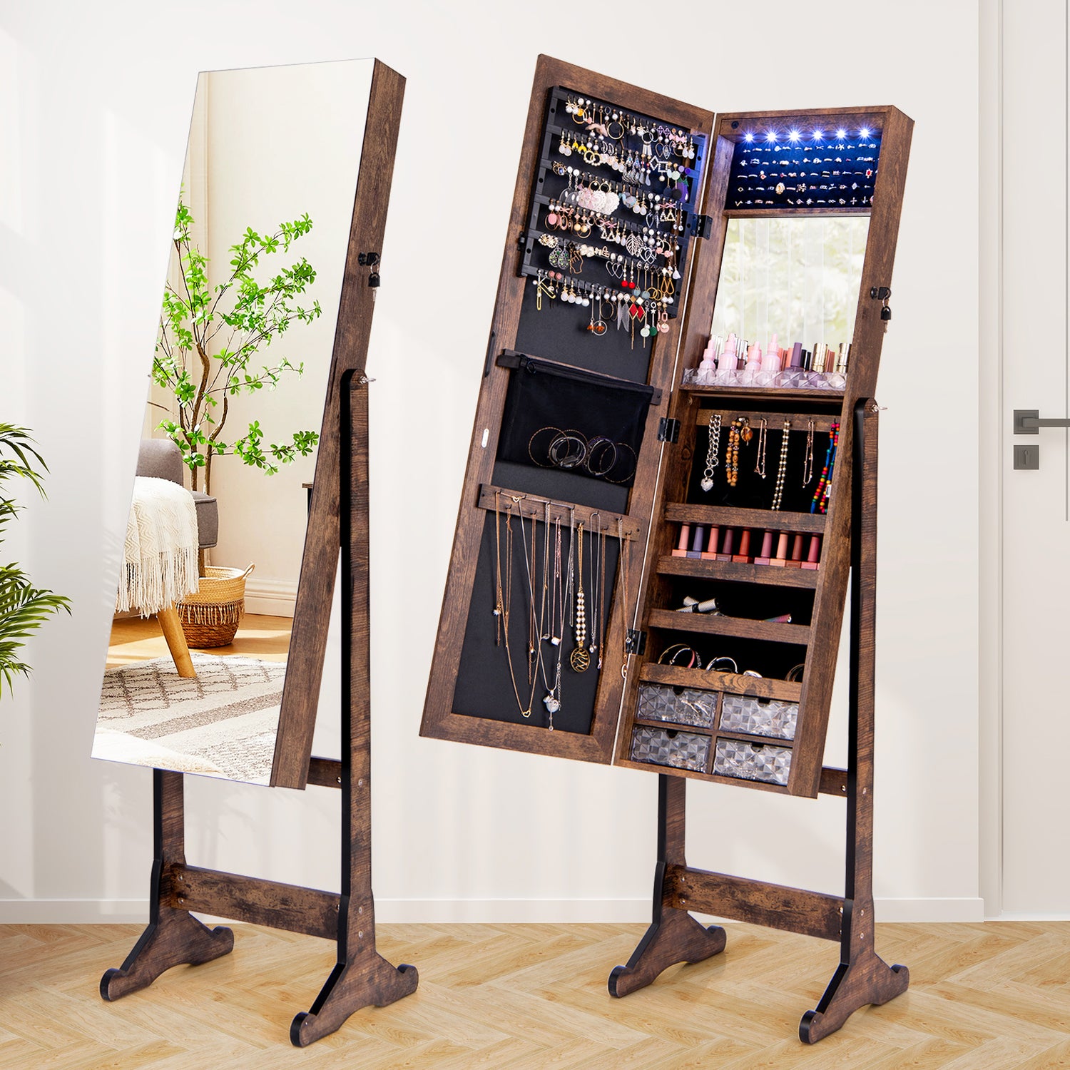Free Standing Full Length Jewelry Armoire with Lights