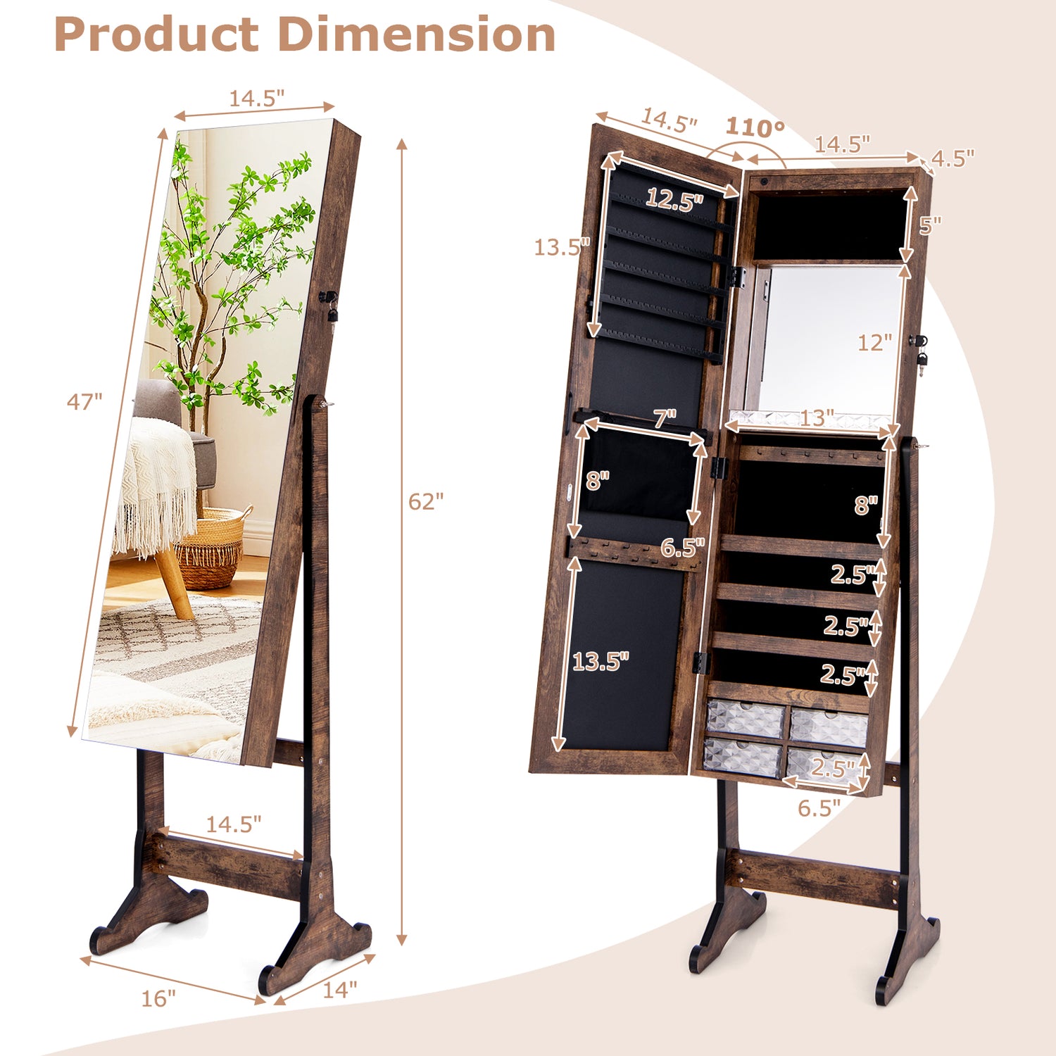 Free Standing Full Length Jewelry Armoire with Lights