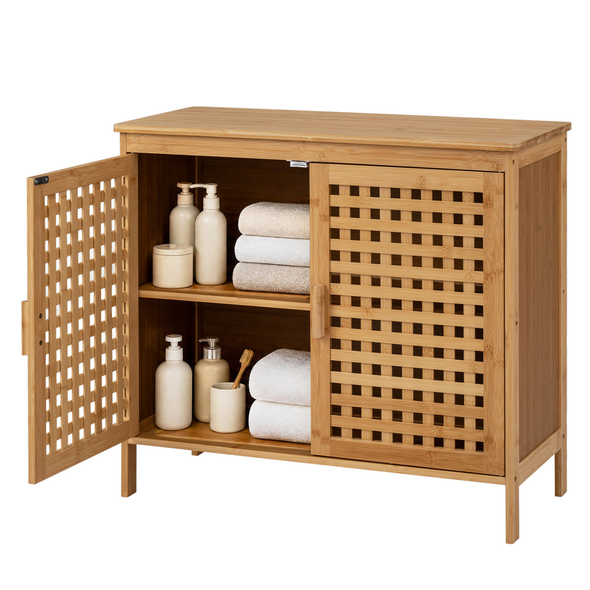 Freestanding Bamboo Bathroom Storage Cabinet with Wide Top and 2 Doors-Natural