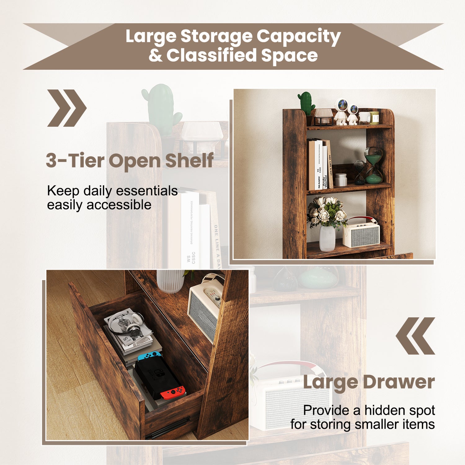 Freestanding Bookshelf with 3-Tier Open Shelf