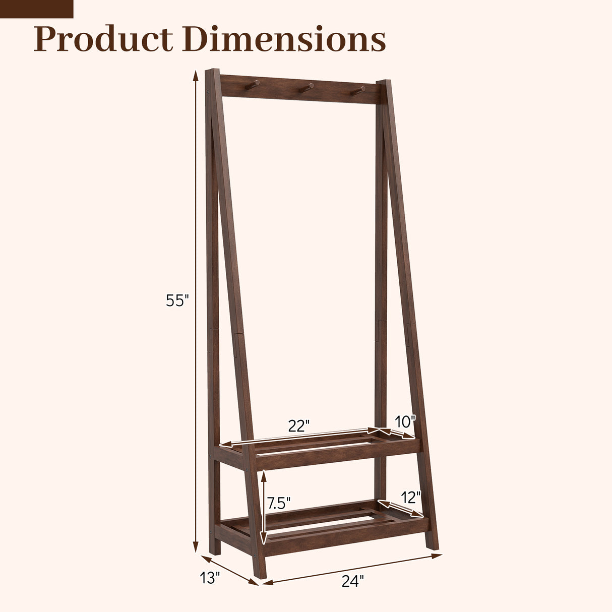 Freestanding Clothes Rack with 3 Hooks and 2 Shelves-Walnut