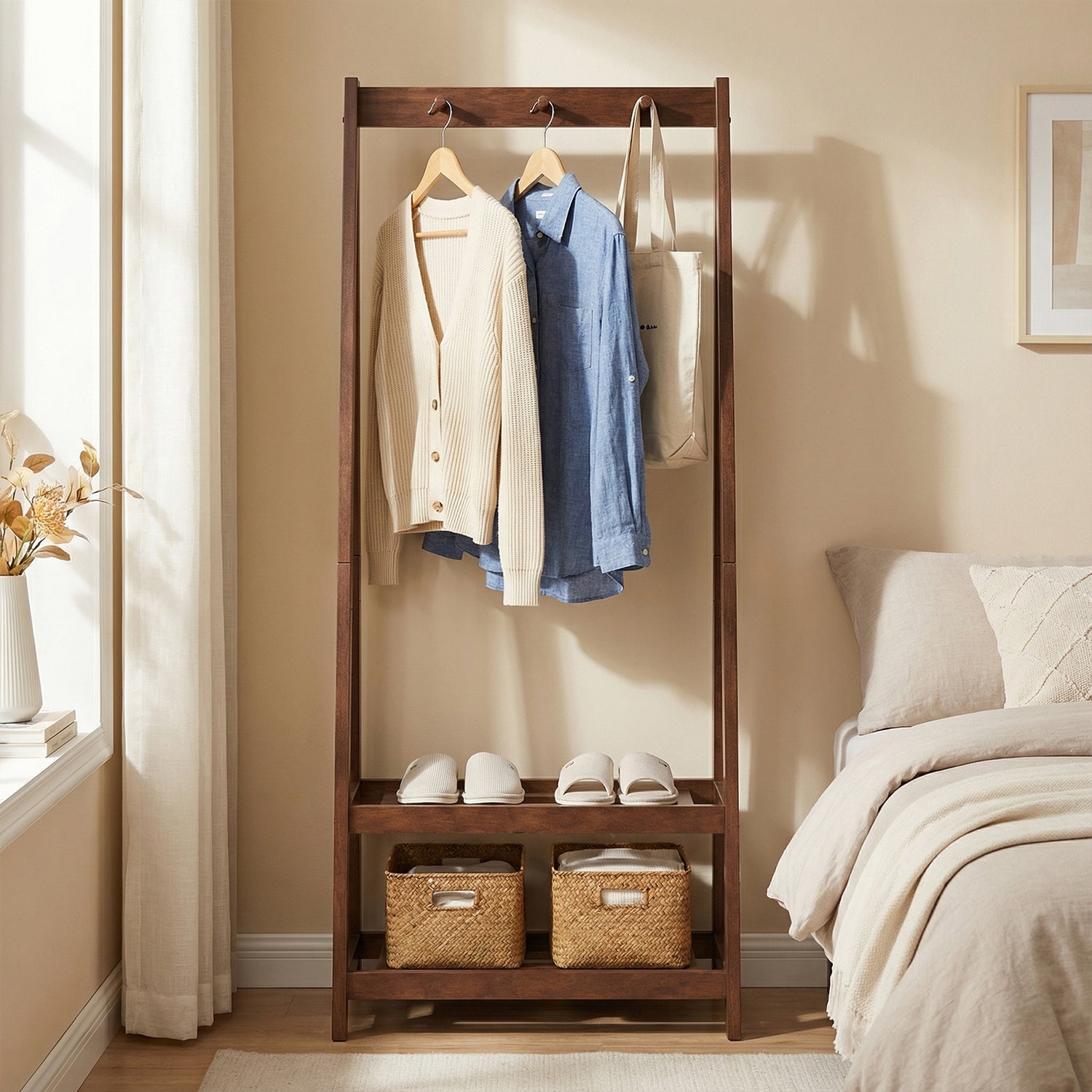Freestanding Clothes Rack with 3 Hooks and 2 Shelves-Walnut