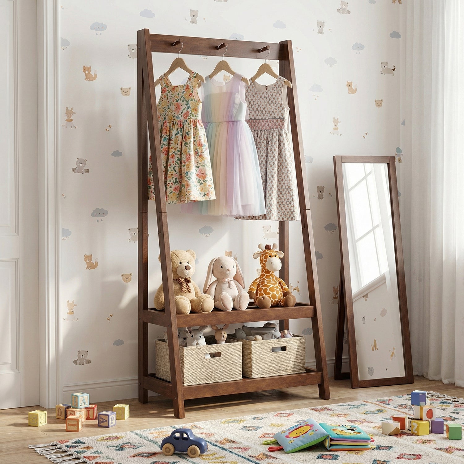 Freestanding Clothes Rack with 3 Hooks and 2 Shelves-Walnut