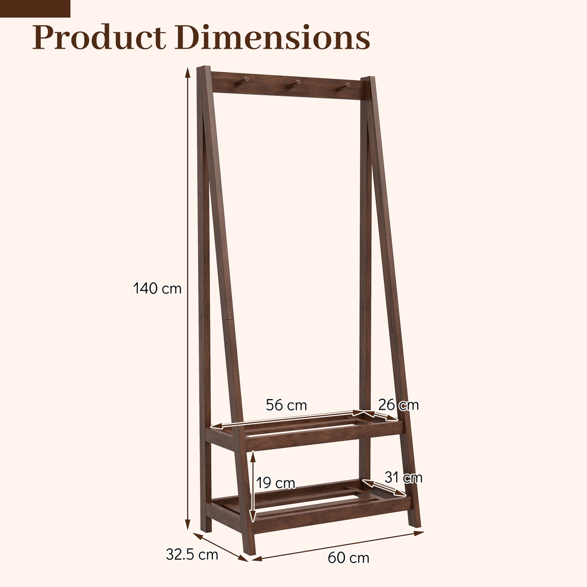 Freestanding Clothes Rack with 3 Hooks and 2 Shelves-Walnut