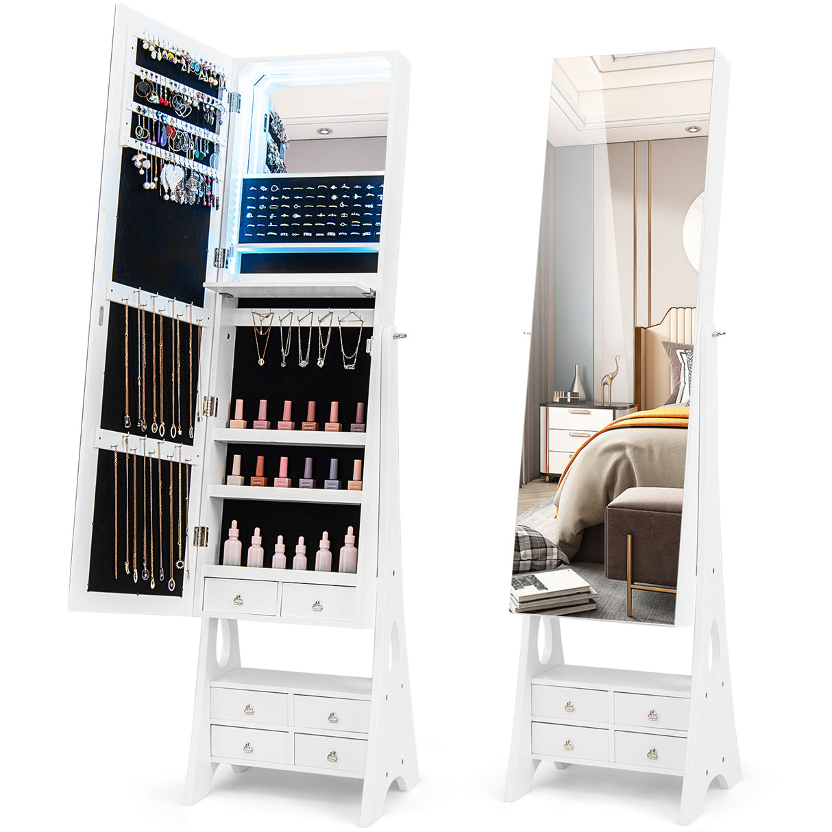 Freestanding Full Length LED Mirrored Jewelry Armoire with 6 Drawers