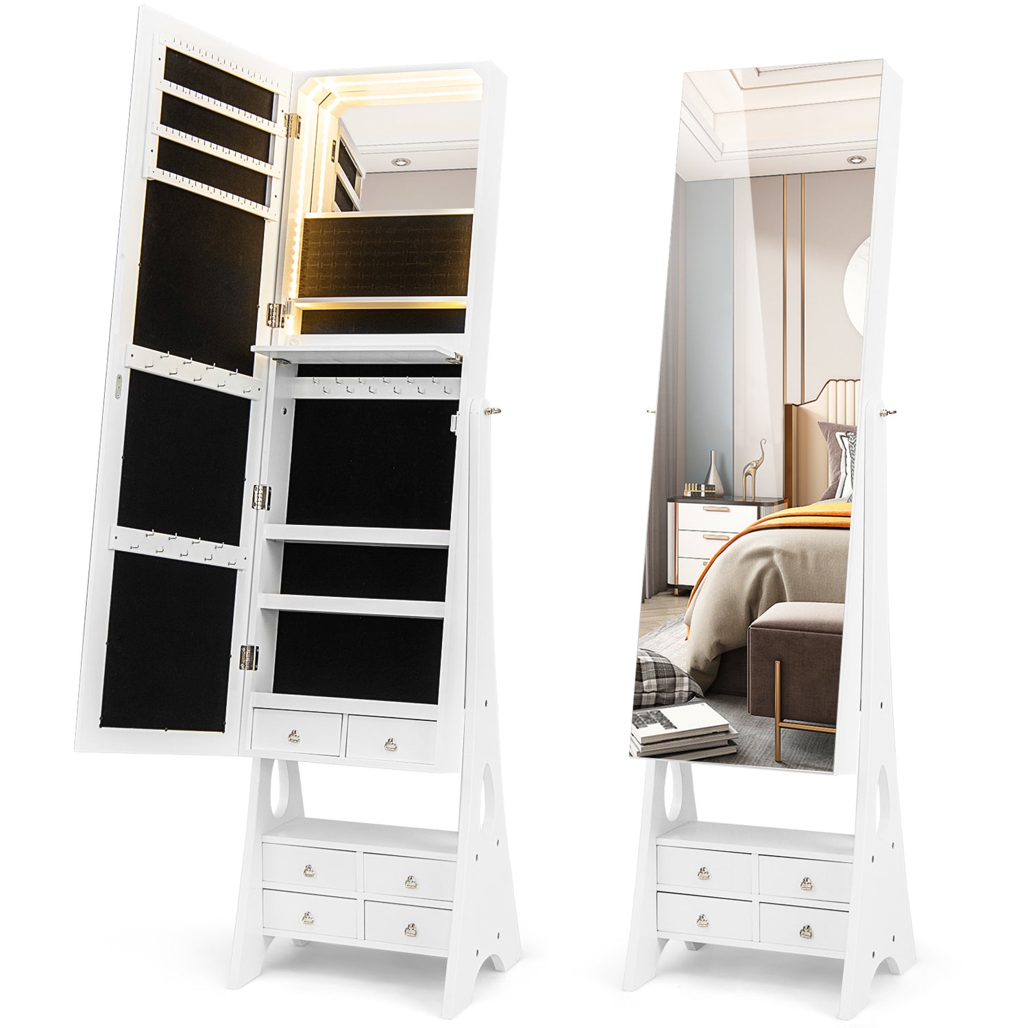 Freestanding Full Length LED Mirrored Jewelry Armoire with 6 Drawers