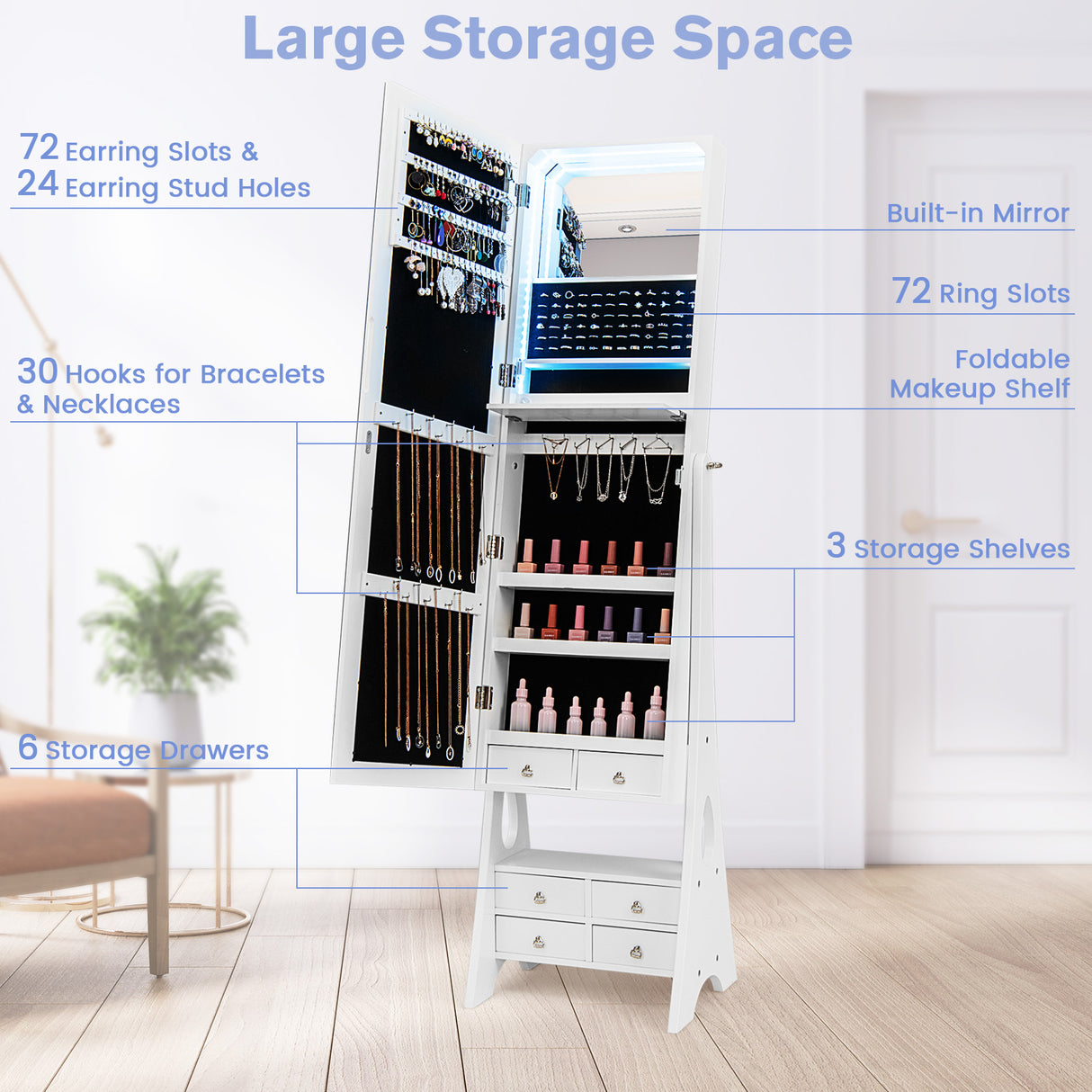 Freestanding Full Length LED Mirrored Jewelry Armoire with 6 Drawers