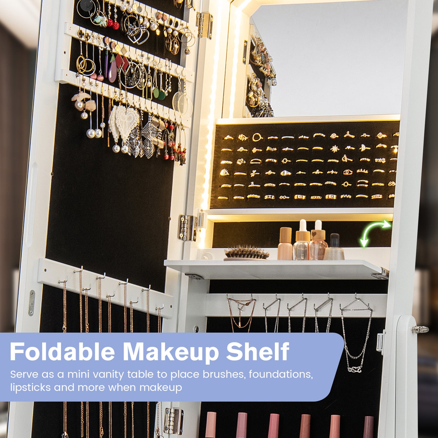 Freestanding Full Length LED Mirrored Jewelry Armoire with 6 Drawers
