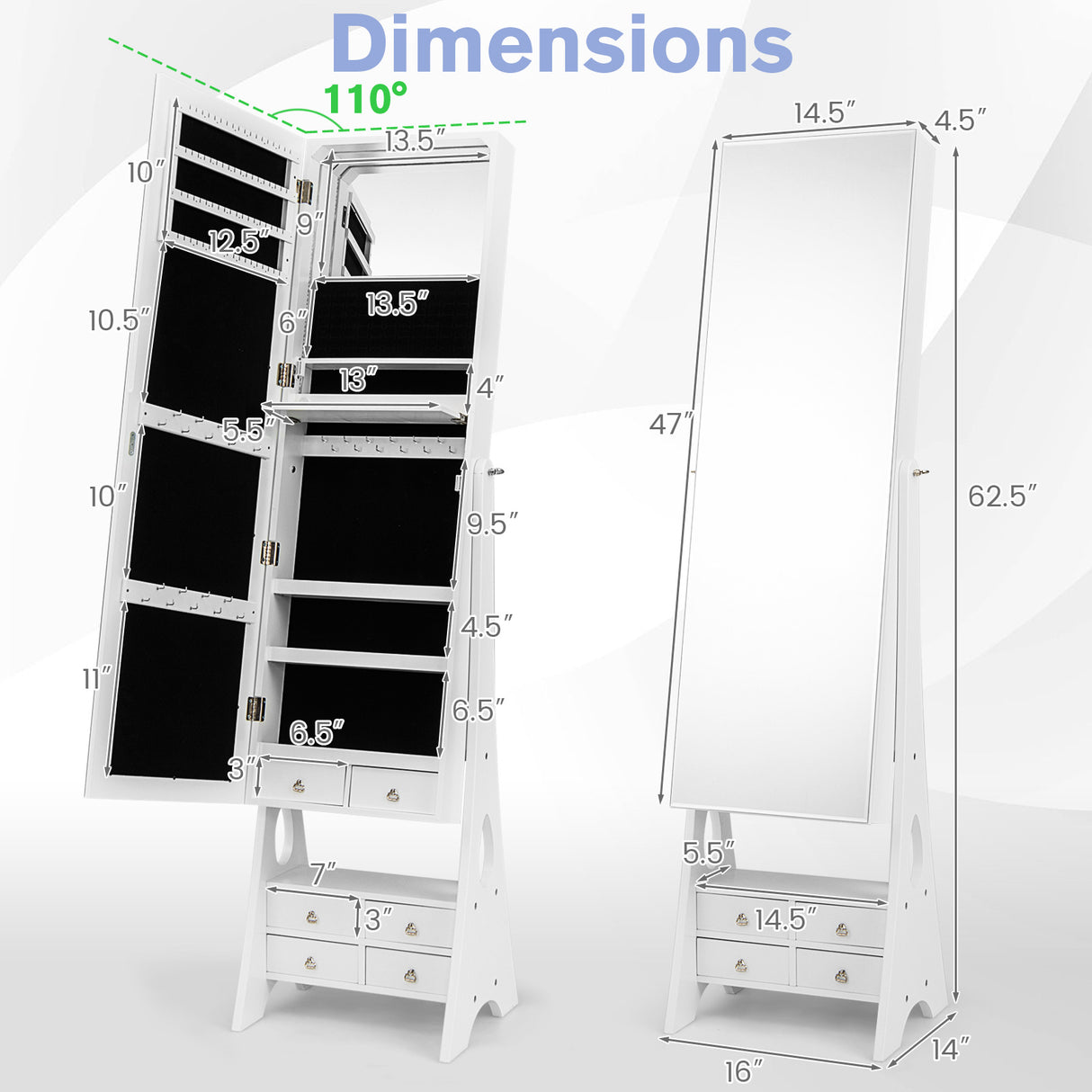 Freestanding Full Length LED Mirrored Jewelry Armoire with 6 Drawers