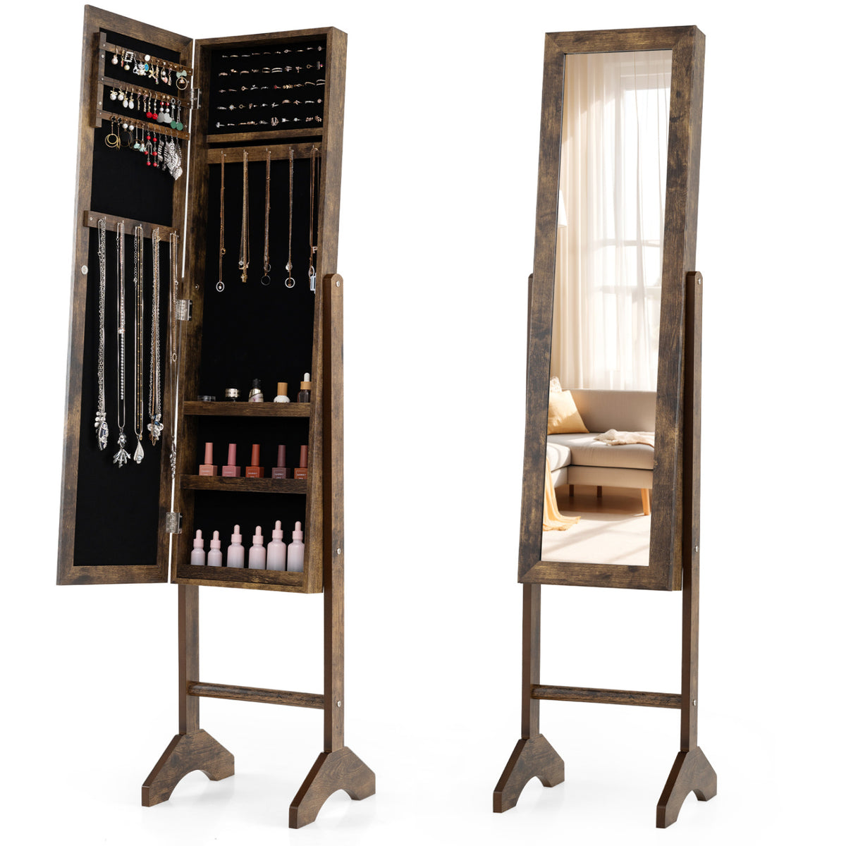 Freestanding Jewelry Armoire with Velvet Lining and Full Length Mirror