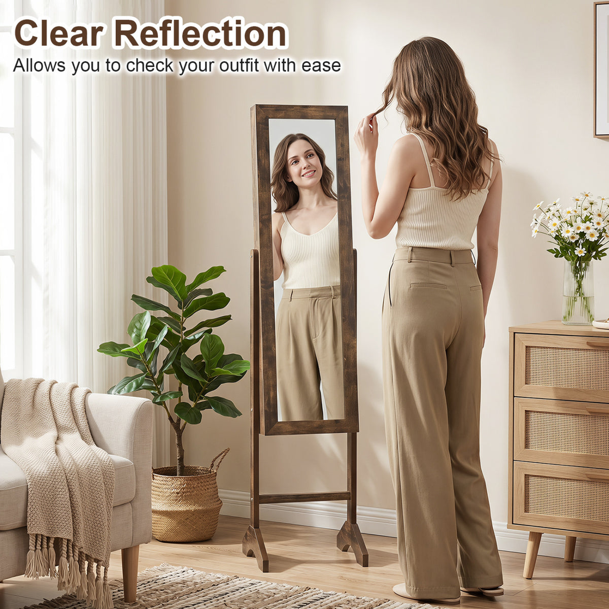 Freestanding Jewelry Armoire with Velvet Lining and Full Length Mirror