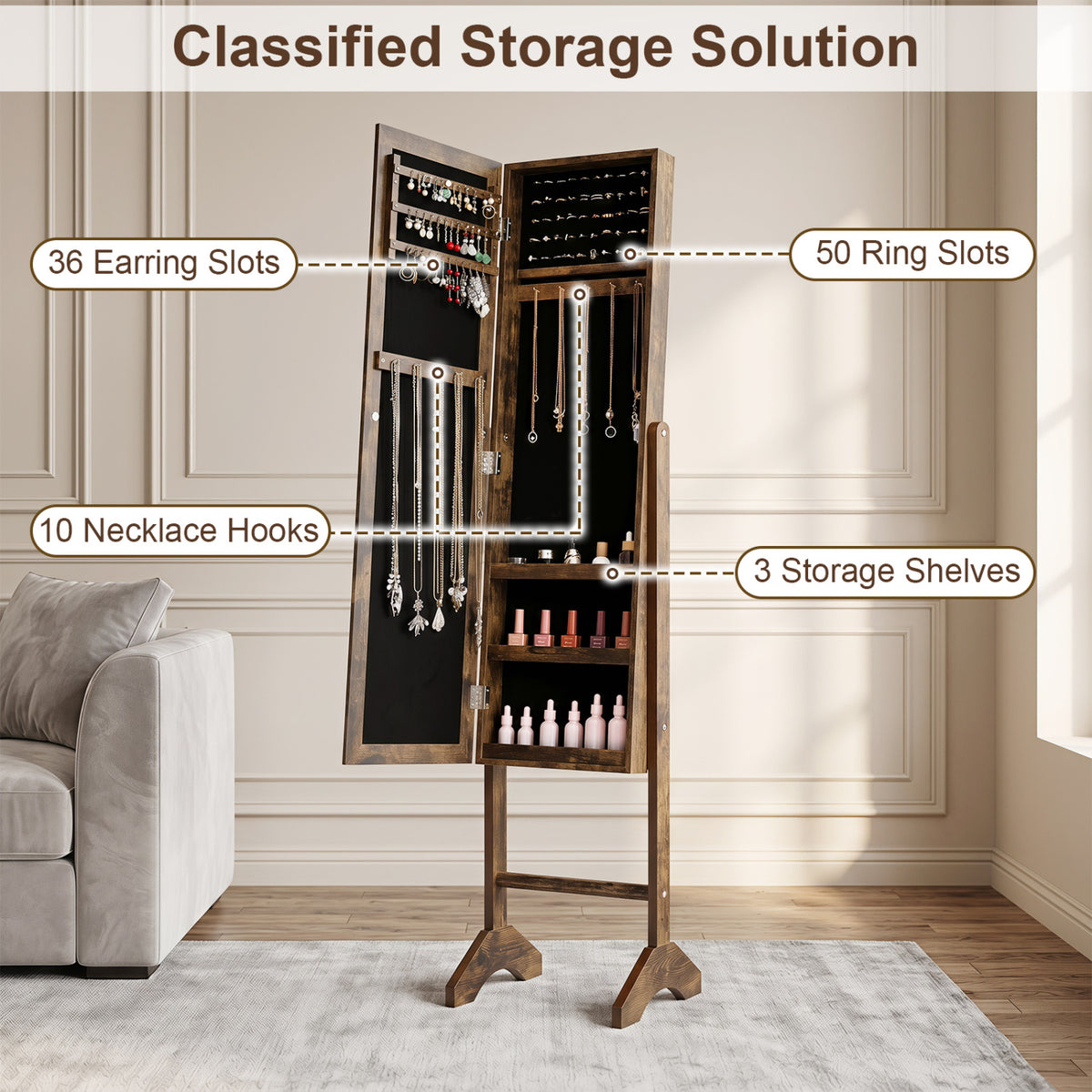 Freestanding Jewelry Armoire with Velvet Lining and Full Length Mirror