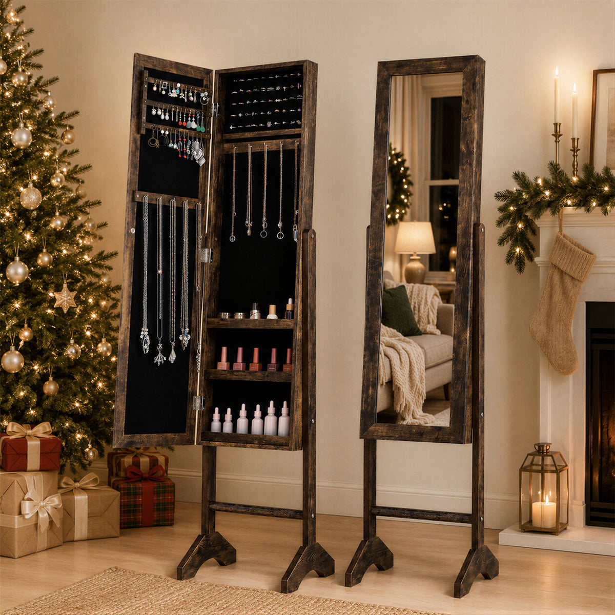 Freestanding Jewelry Armoire with Velvet Lining and Full Length Mirror