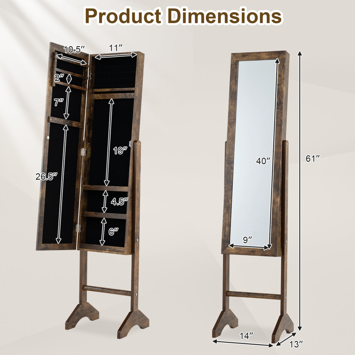 Freestanding Jewelry Armoire with Velvet Lining and Full Length Mirror