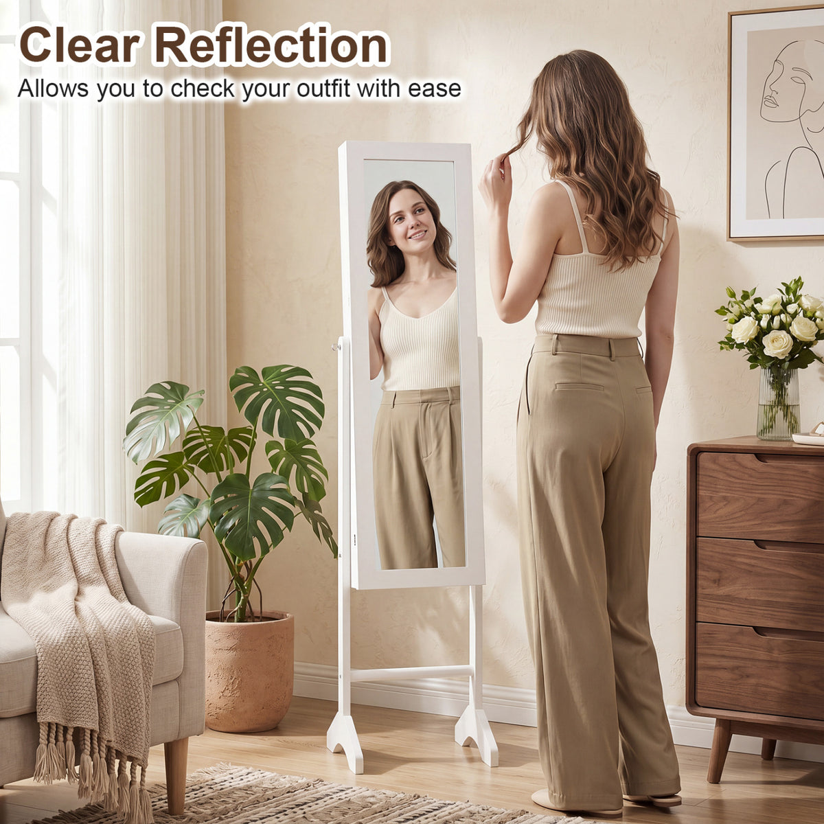 Freestanding Jewelry Armoire with Velvet Lining and Full Length Mirror
