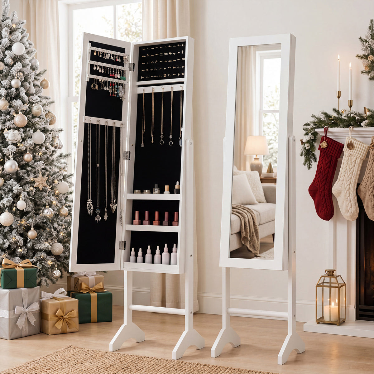 Freestanding Jewelry Armoire with Velvet Lining and Full Length Mirror