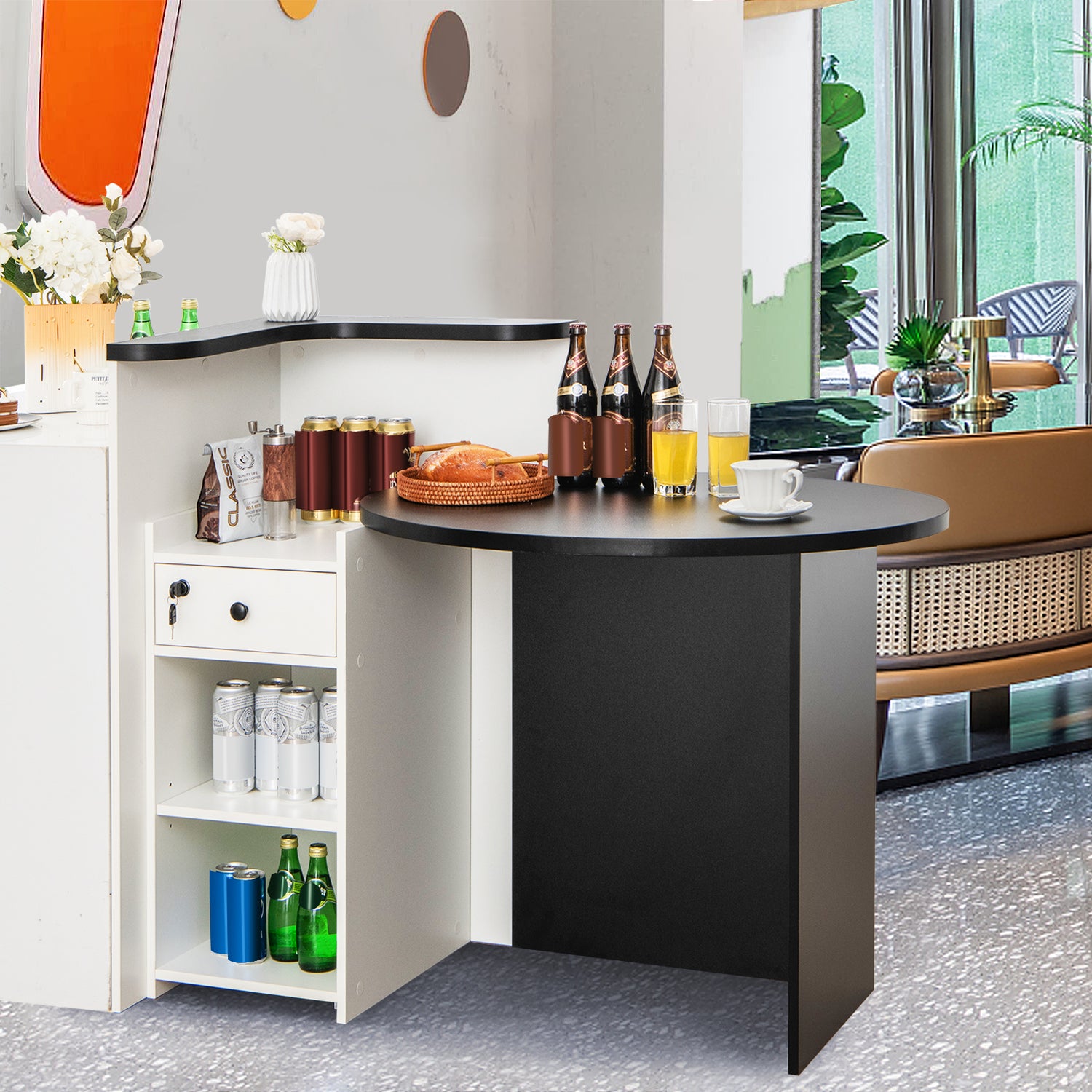 Front Reception Office Desk with Open Shelf and Lockable Drawer