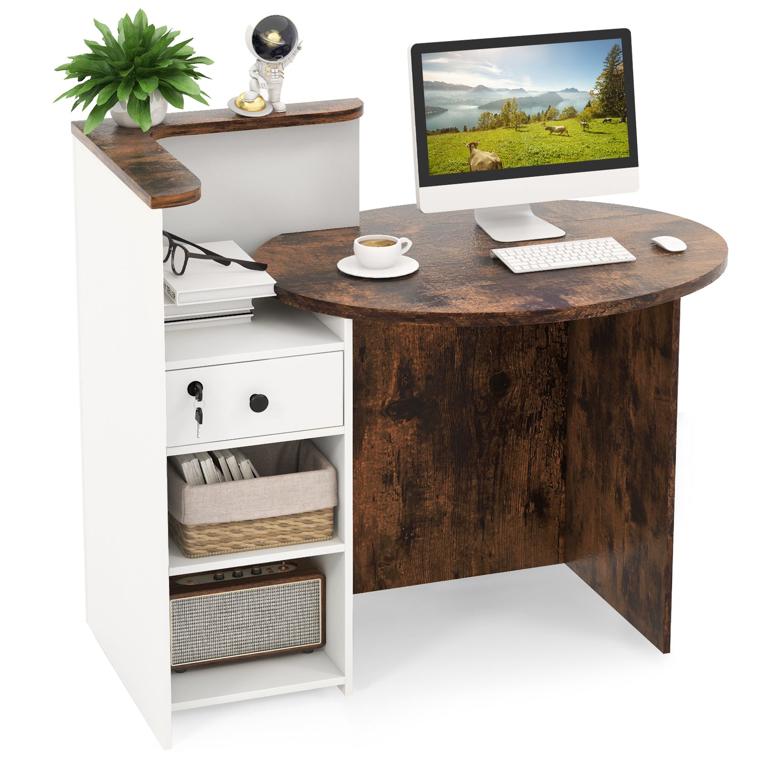 Front Reception Office Desk with Open Shelf and Lockable Drawer