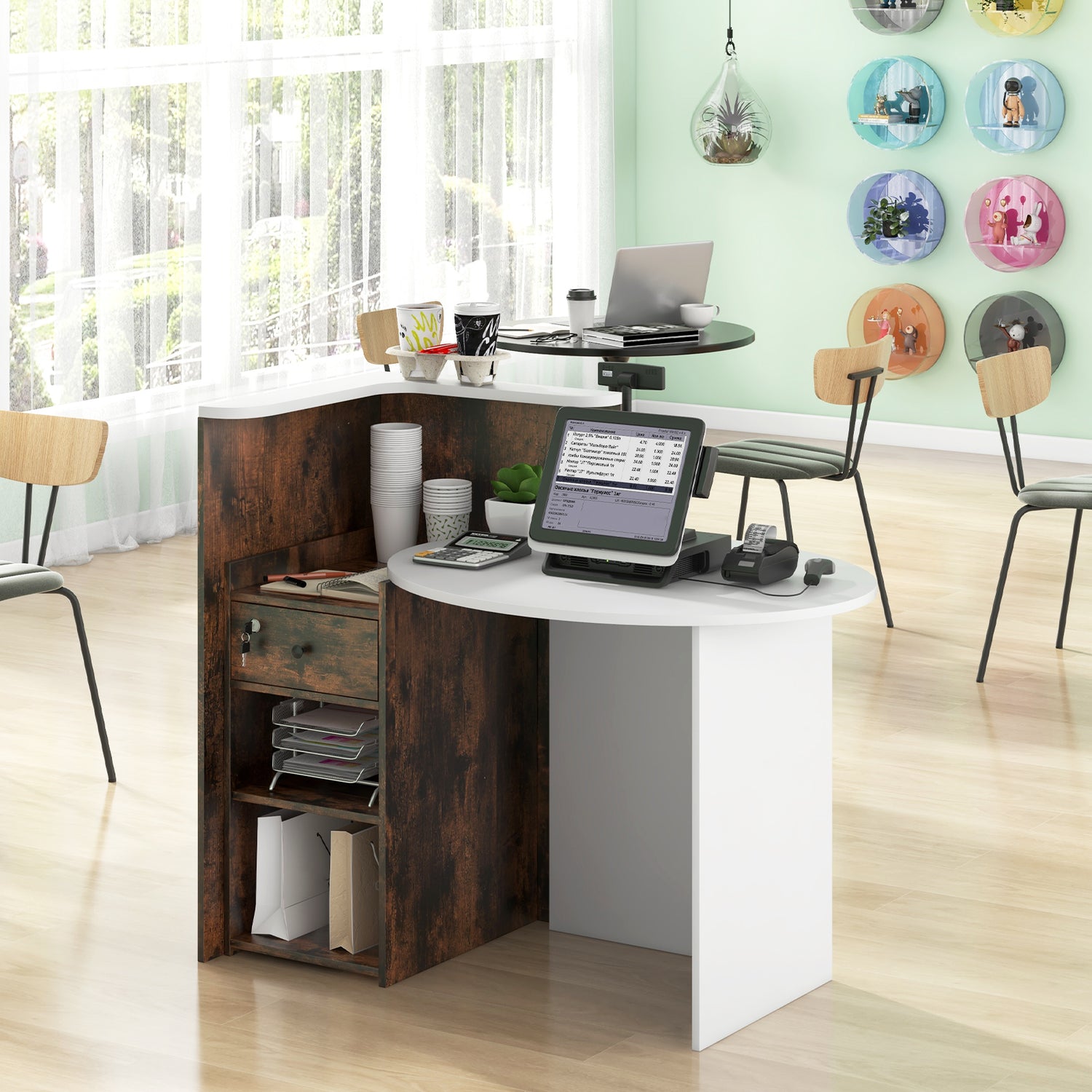 Front Reception Office Desk with Open Shelf and Lockable Drawer