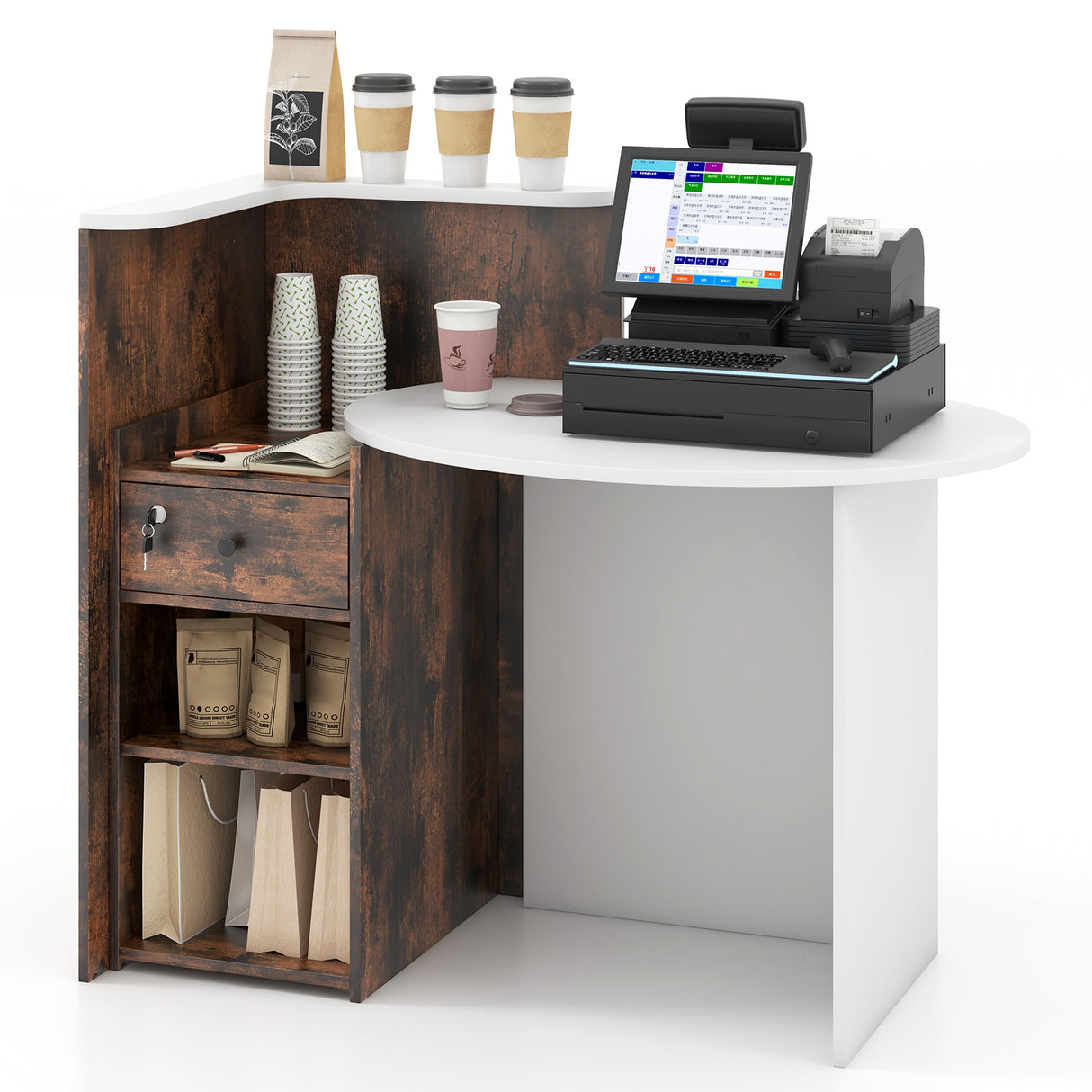 Front Reception Office Desk with Open Shelf and Lockable Drawer