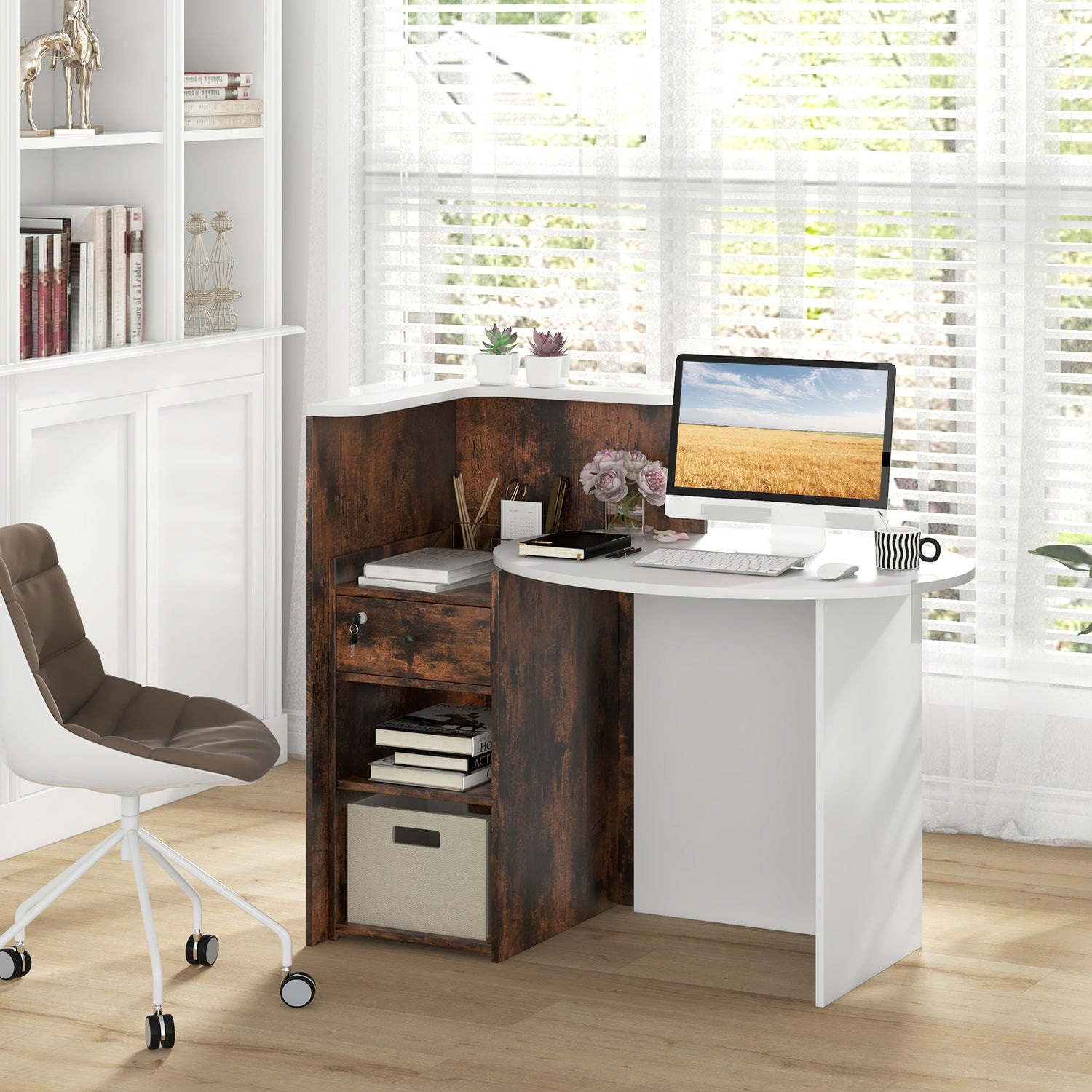 Front Reception Office Desk with Open Shelf and Lockable Drawer
