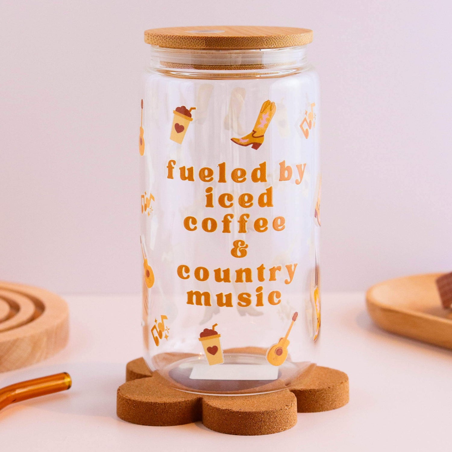 Fueled by Iced Coffee and Country Music 16 oz Glass Cup Set