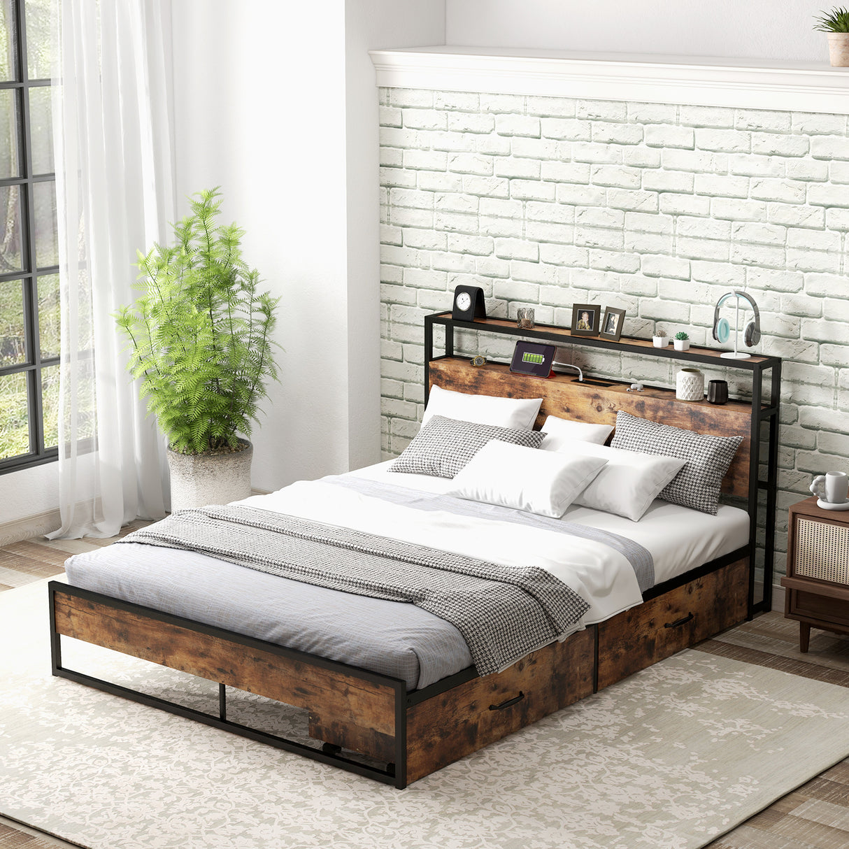 Full/Queen Bed Frame with 2-Tier Storage Headboard and Charging Station