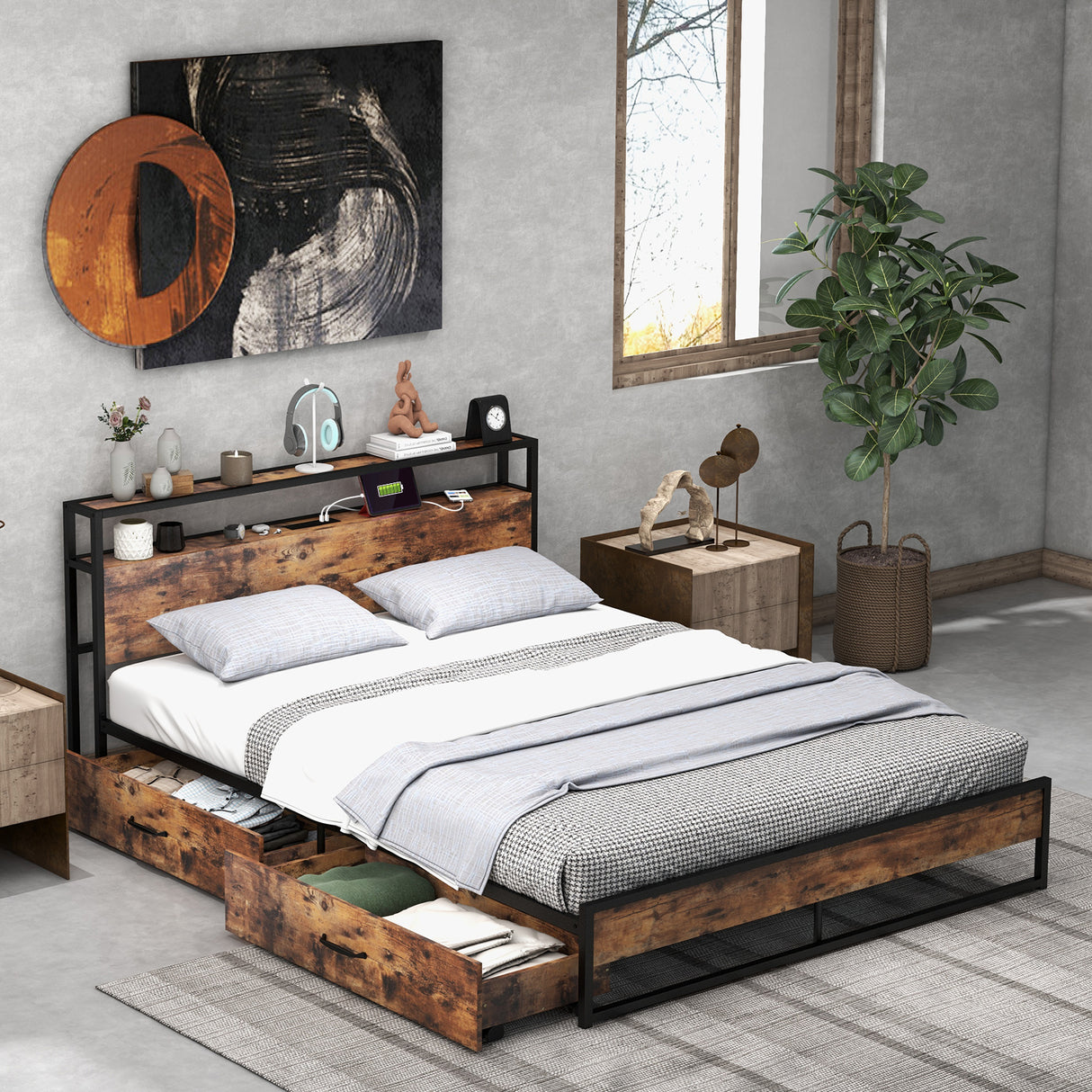 Full/Queen Bed Frame with 2-Tier Storage Headboard and Charging Station