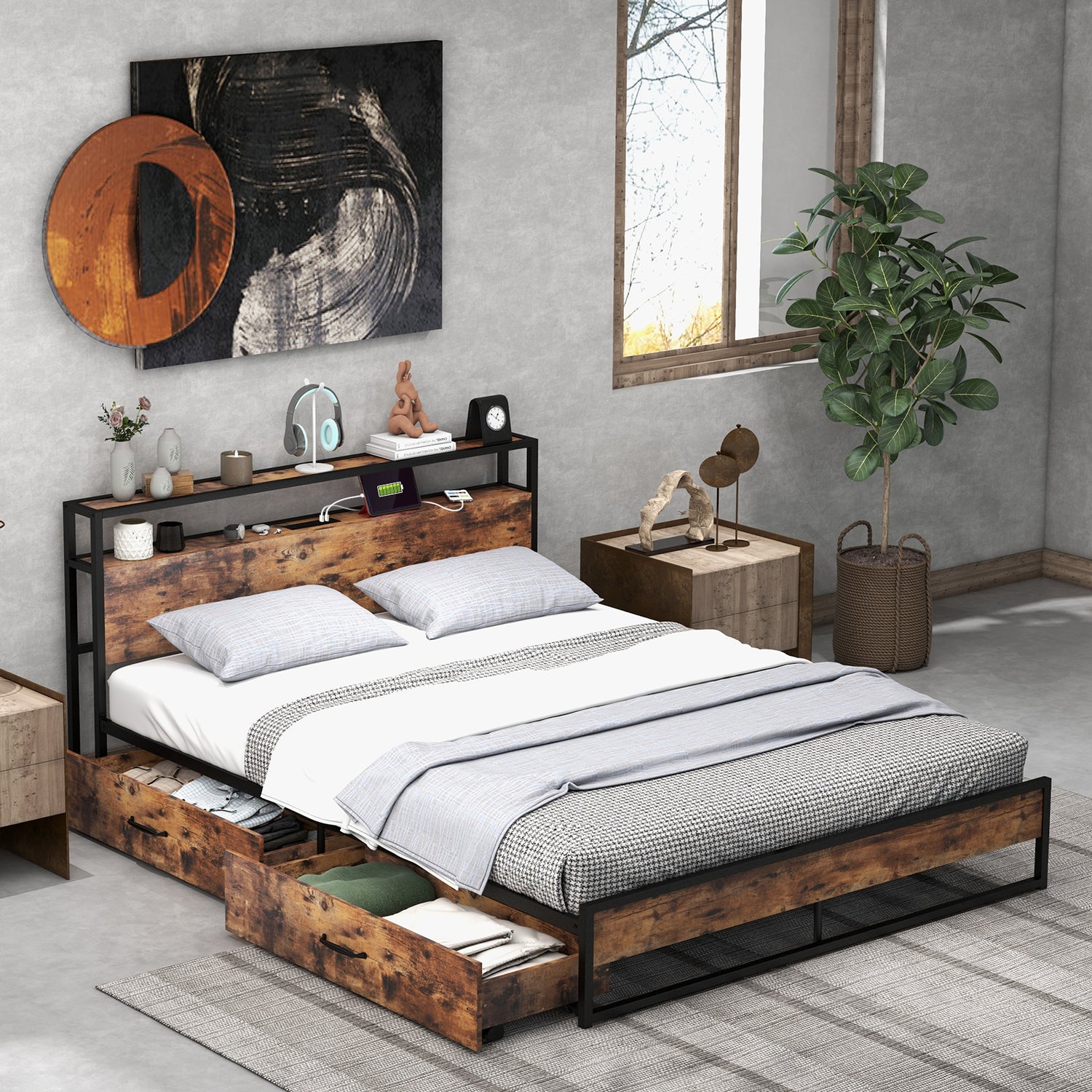 Full/Queen Bed Frame with 2-Tier Storage Headboard and Charging Station