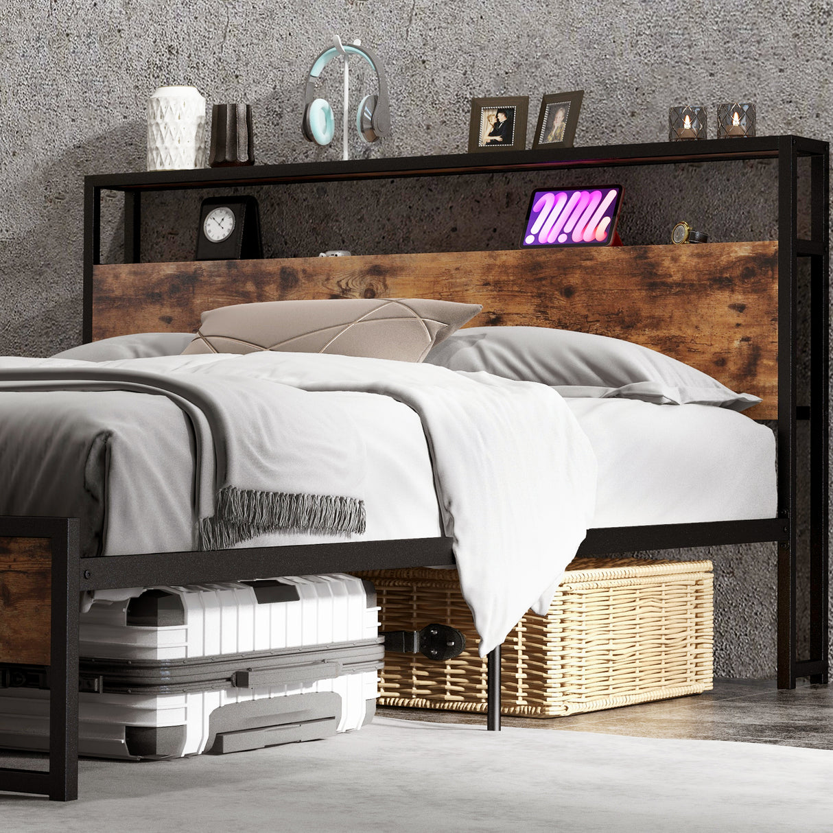 Full/Queen Bed Frame with 2-Tier Storage Headboard and Charging Station