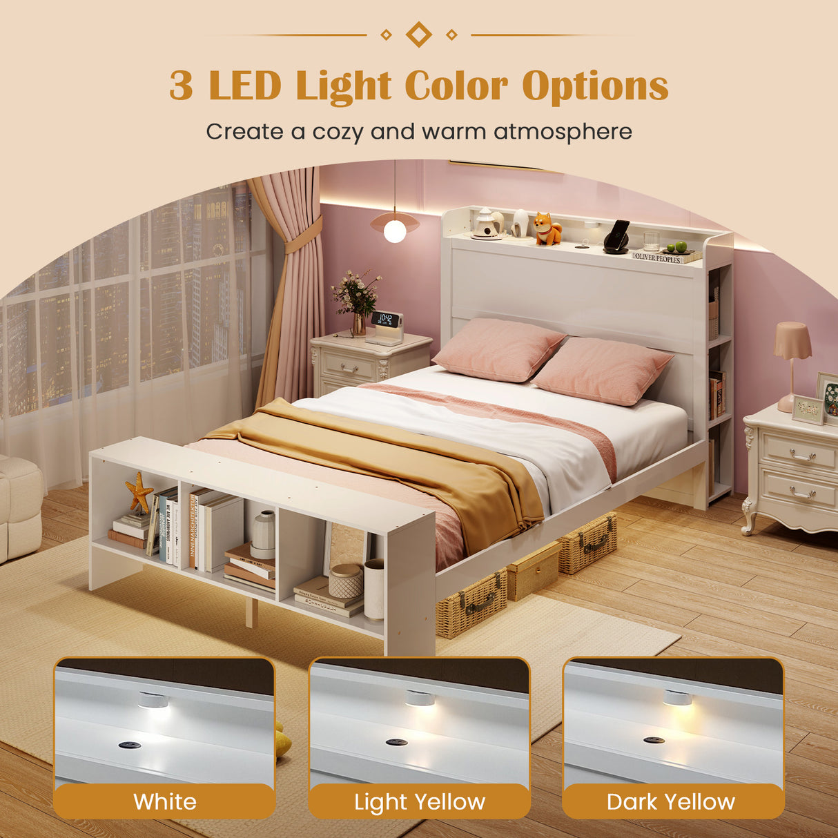 Twin Size Bed Frame with 2 USB Ports with Storage Headboard and Lights