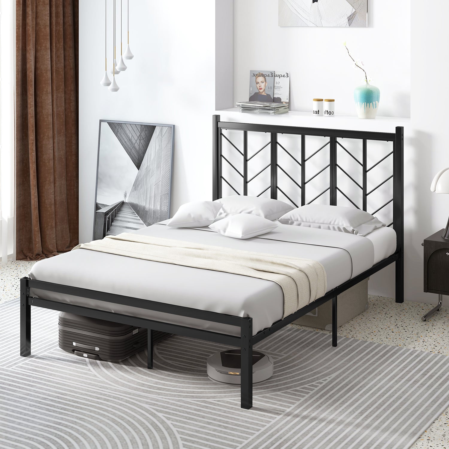 Twin Size Platform Bed with Headboard and Metal Frame